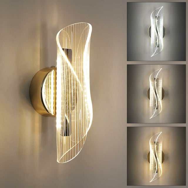 Nowoczesna, ściemnialna lampa ścienna LED, żarówka trójkolorowa 12W, odpowiednia do sypialni, salonów, przedpokojów i wejść, kolor złoty.