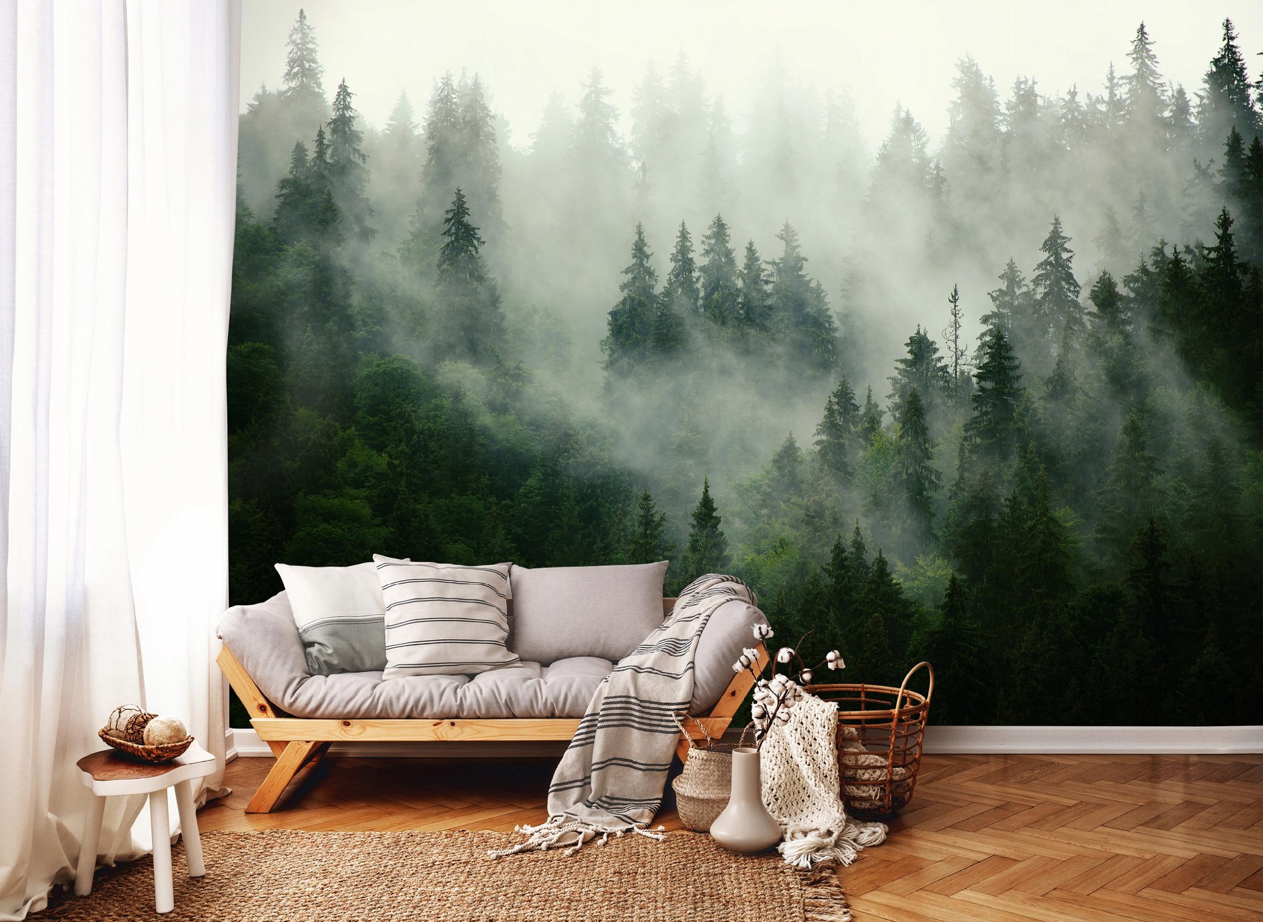 Papier Peint Intissé Panoramique Forêt Brouillard Vert Nature Paysage 416x254 cm - Colle Inclus - Chambre et Salon Cuisine Entrée - 2