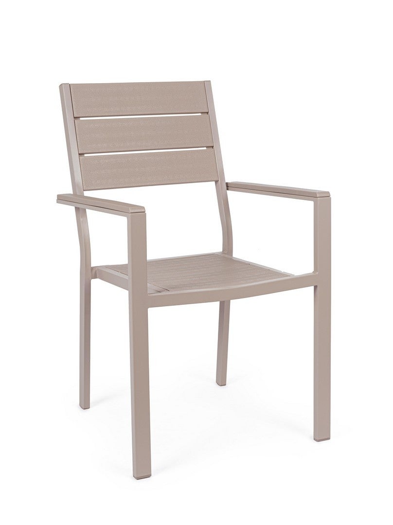 Zestaw 4 krzeseł z podłokietnikami ze stali oraz siedziskiem i oparciem z HDPE z efektem usłojenia drewna, w kolorze gołębiej szarości