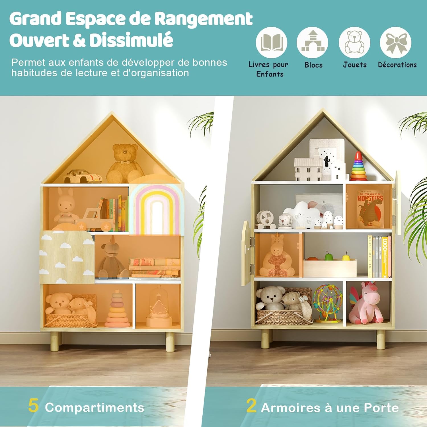 Bibliothèque pour Enfants, Étagère en Forme de Maison avec 2 Portes, Système Anti-basculement & Pieds en Bois Massif, pour Chambre d'Enfants, Naturel - 3