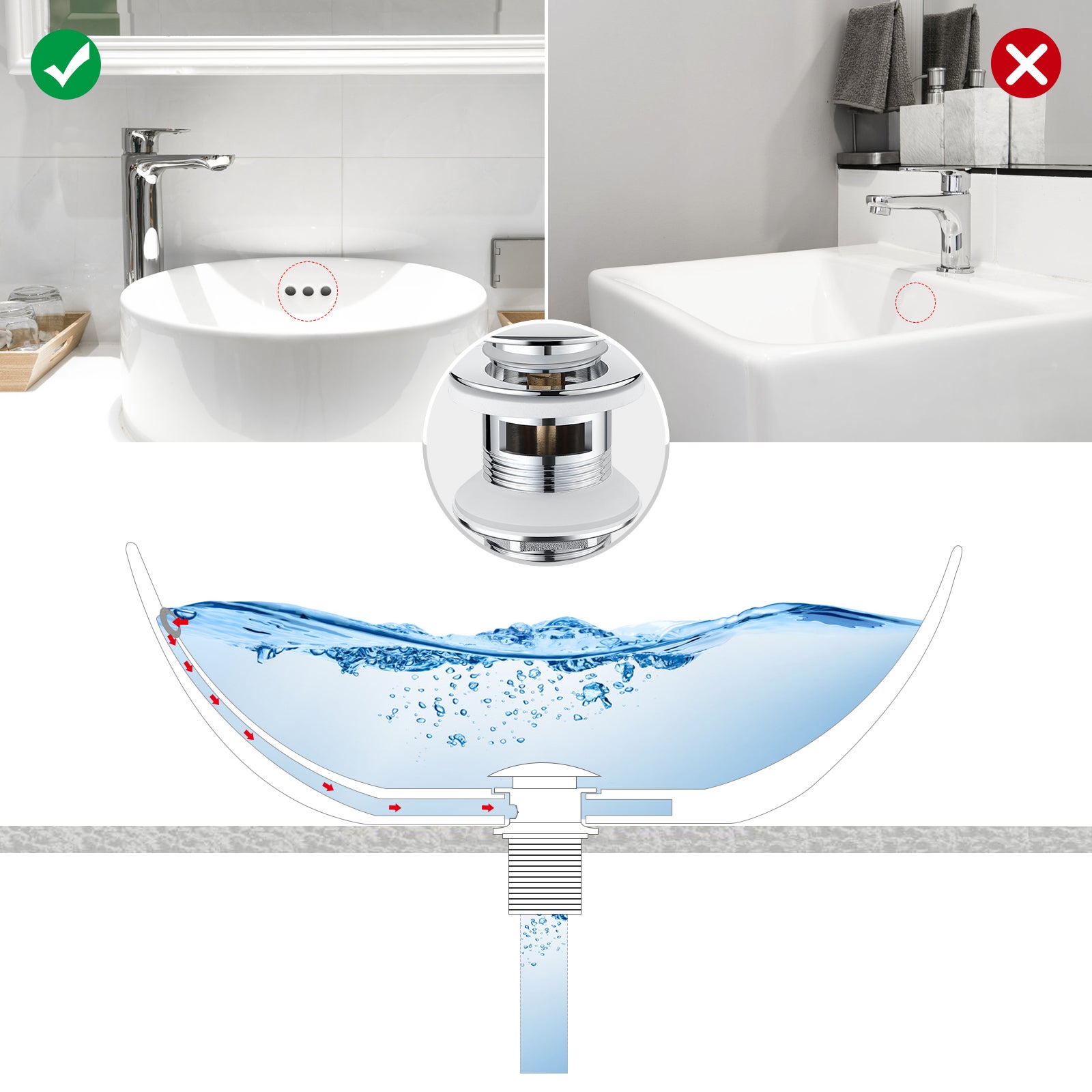 AURALUM MAX Bonde de Lavabo Bonde Pop-up avec Trop-plein Automatique Universelle Chromé Vasque Baignoire Salle de Bain - 3