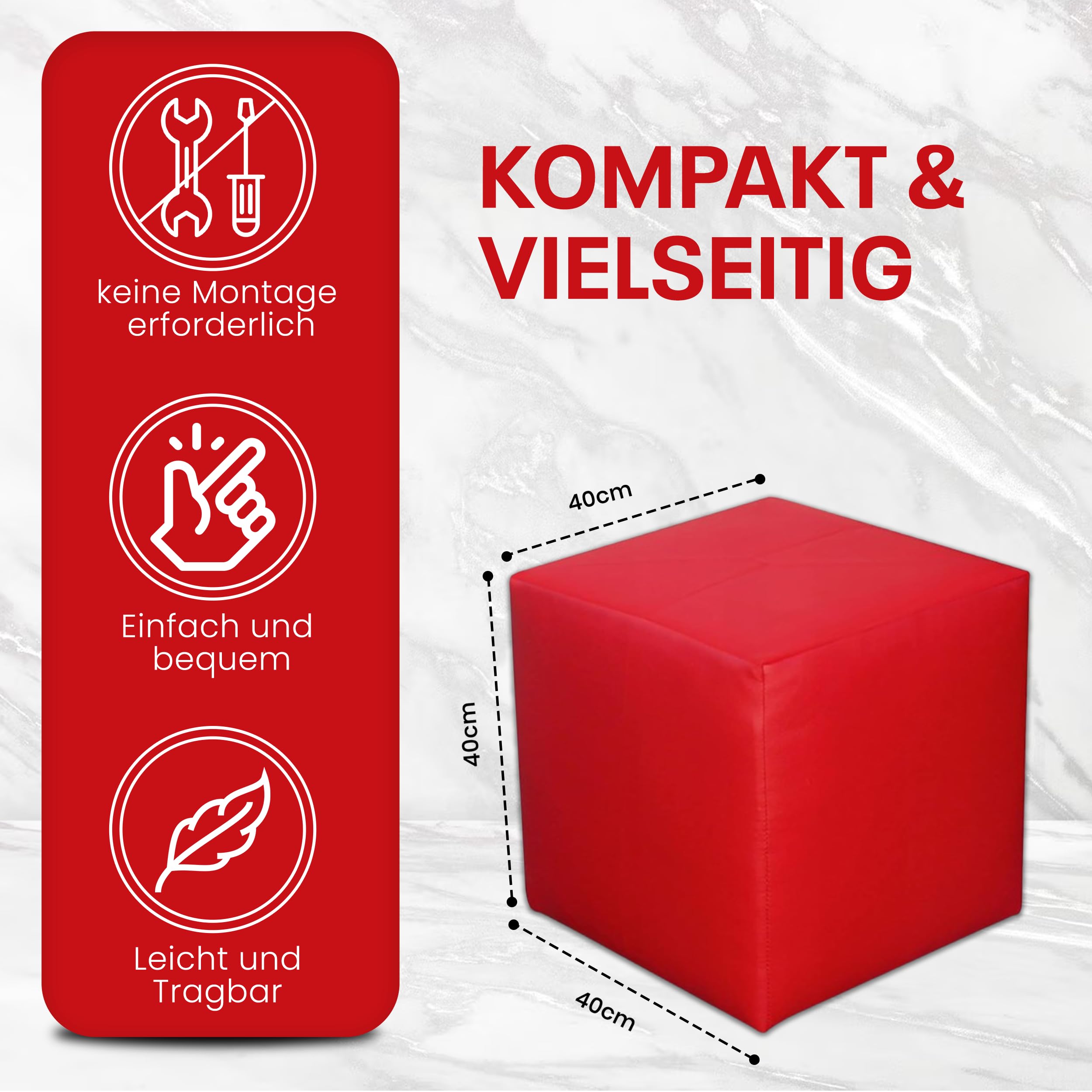 Sitzwürfel / Siège Pouf - Rouge, 40X40X40 Cm, Assise Rembourrée En Simili Cuir, Confortable Pour Salon, Chambre Ou Bureau - 4