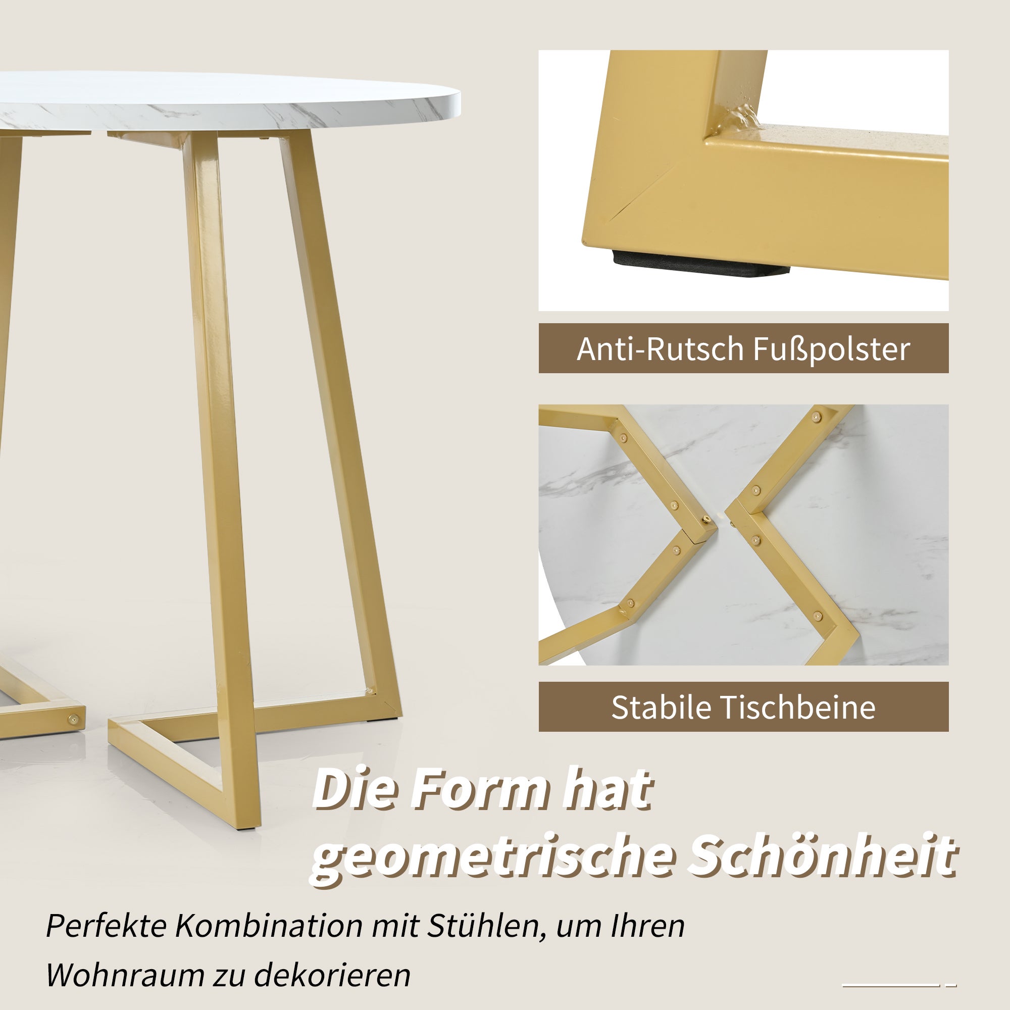 Okrągły stół jadalny dla 4-6 osób - 80 x 80 x 75 cm - MDF i złote metalowe nogi - Wzór marmuru - Blabc - 3