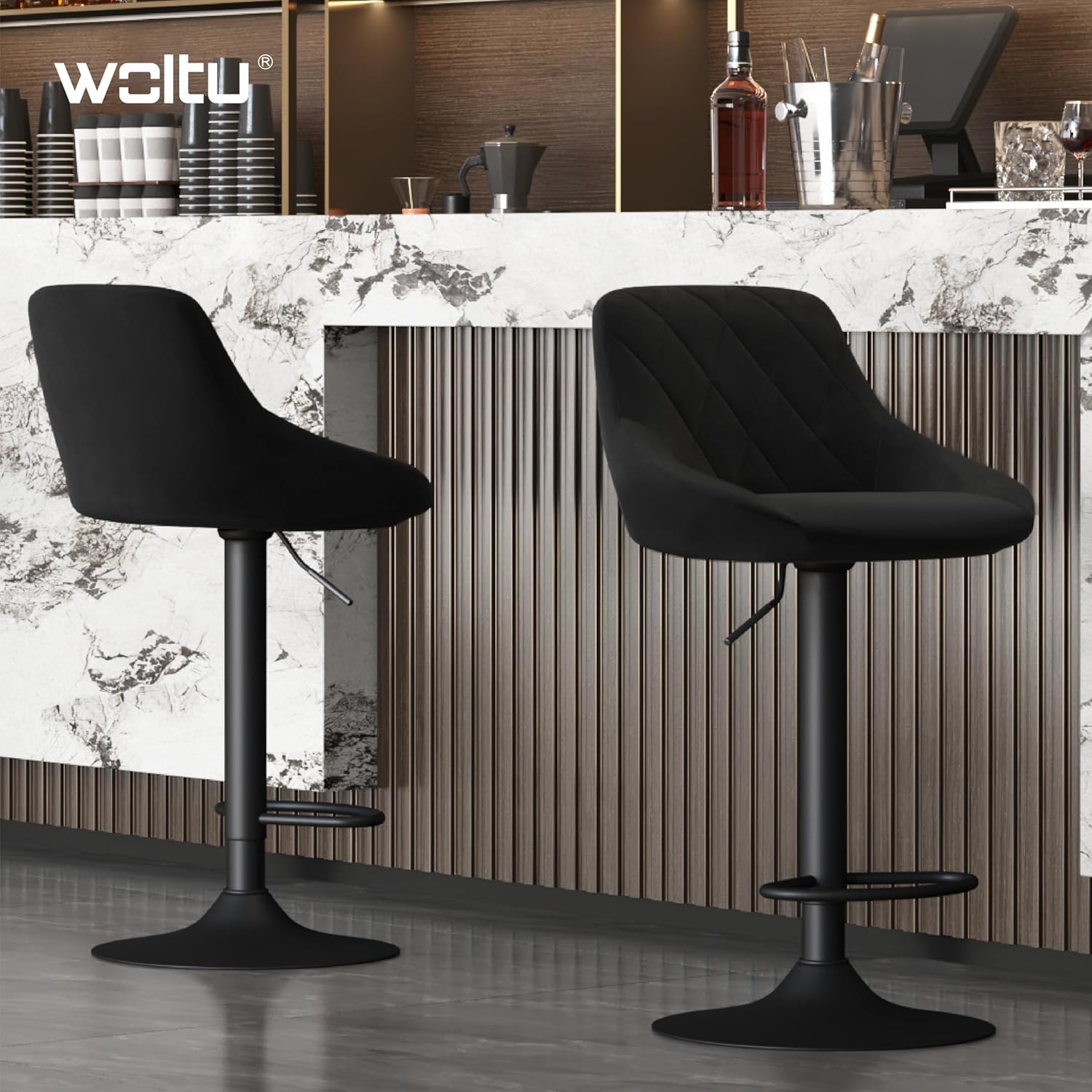 Lot de 2 Tabourets de bar WOLTU, siège bien rembourré en velours, Chaises de bar Hauteur réglable, Noir - 4