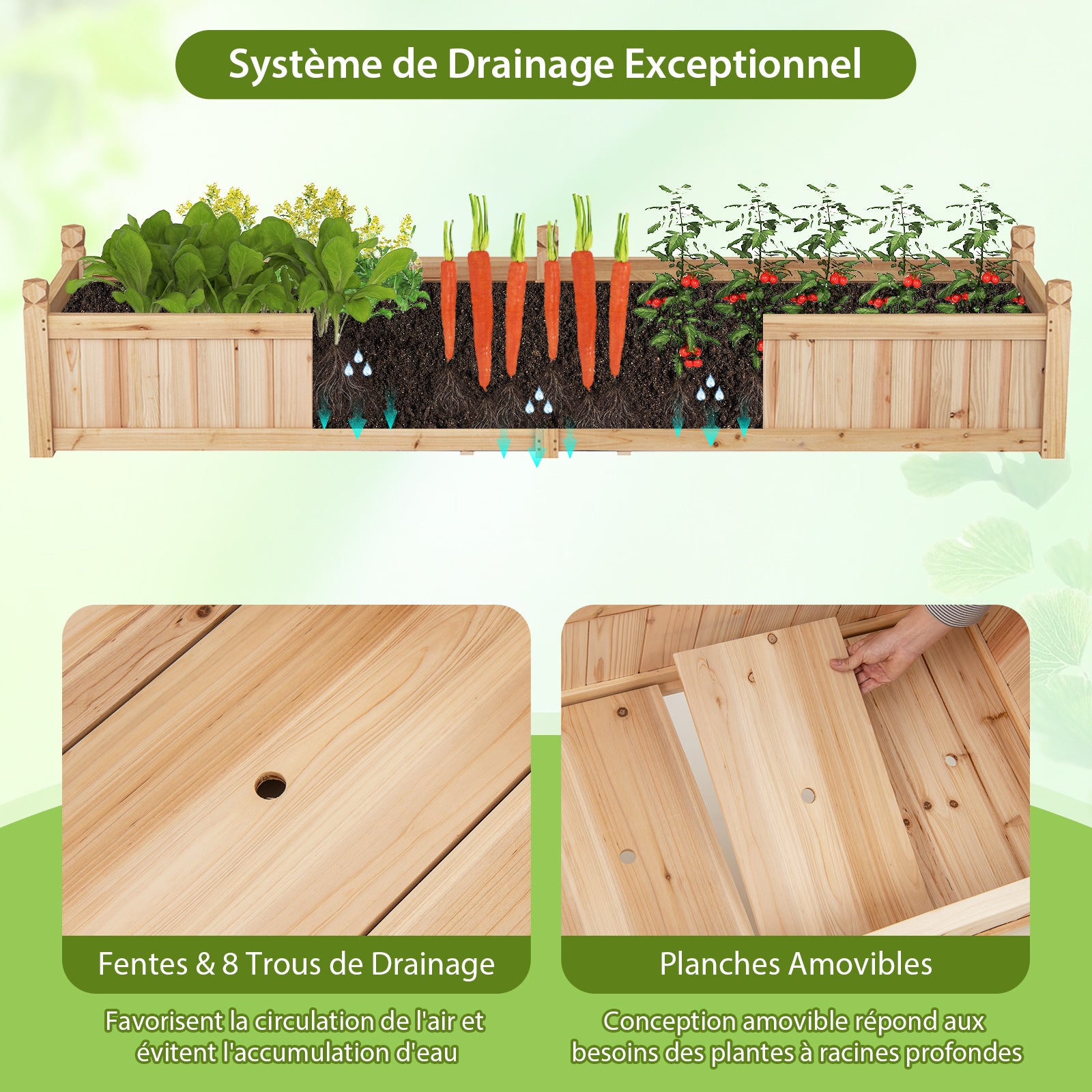 Jardinière Rectangulaire 227 x 59,5 x 40 cm avec Séparateur, Système de Drainage, Doublure, pour Cultiver des Légumes, Fleurs, Naturel - 7