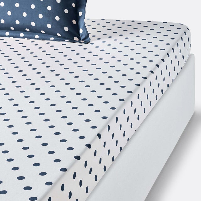 Drap housse pur coton imprimé pois, Clarisse - Blanc/bleu pétrole - 160 x 200 cm