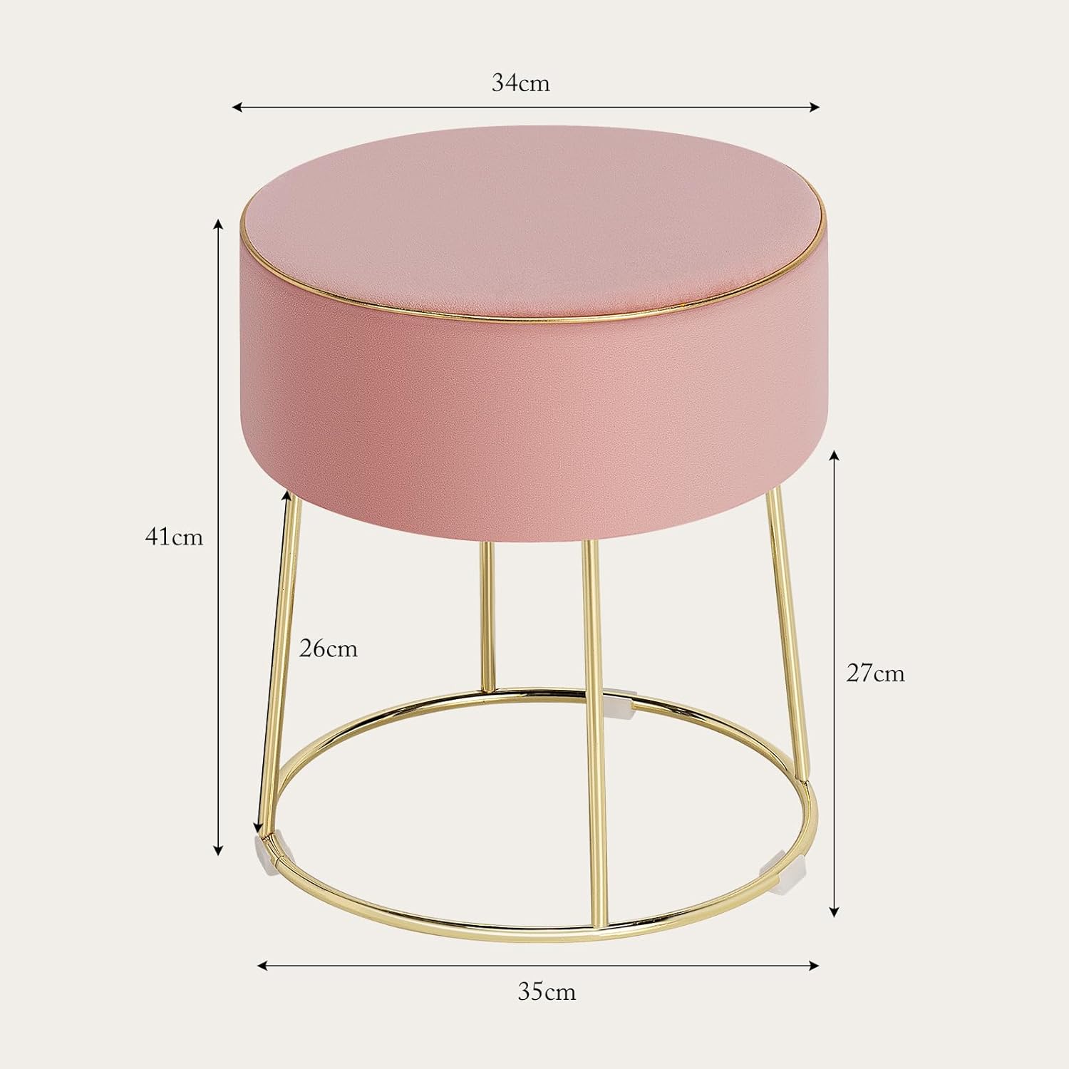 Pouf Rotondo Poggiapiedi 41cm, Sgabello Moderno da Trucco con Base in Metallo, Sedile Imbottito Spesso e Piedini Antiscivolo per Toeletta, Com - 3