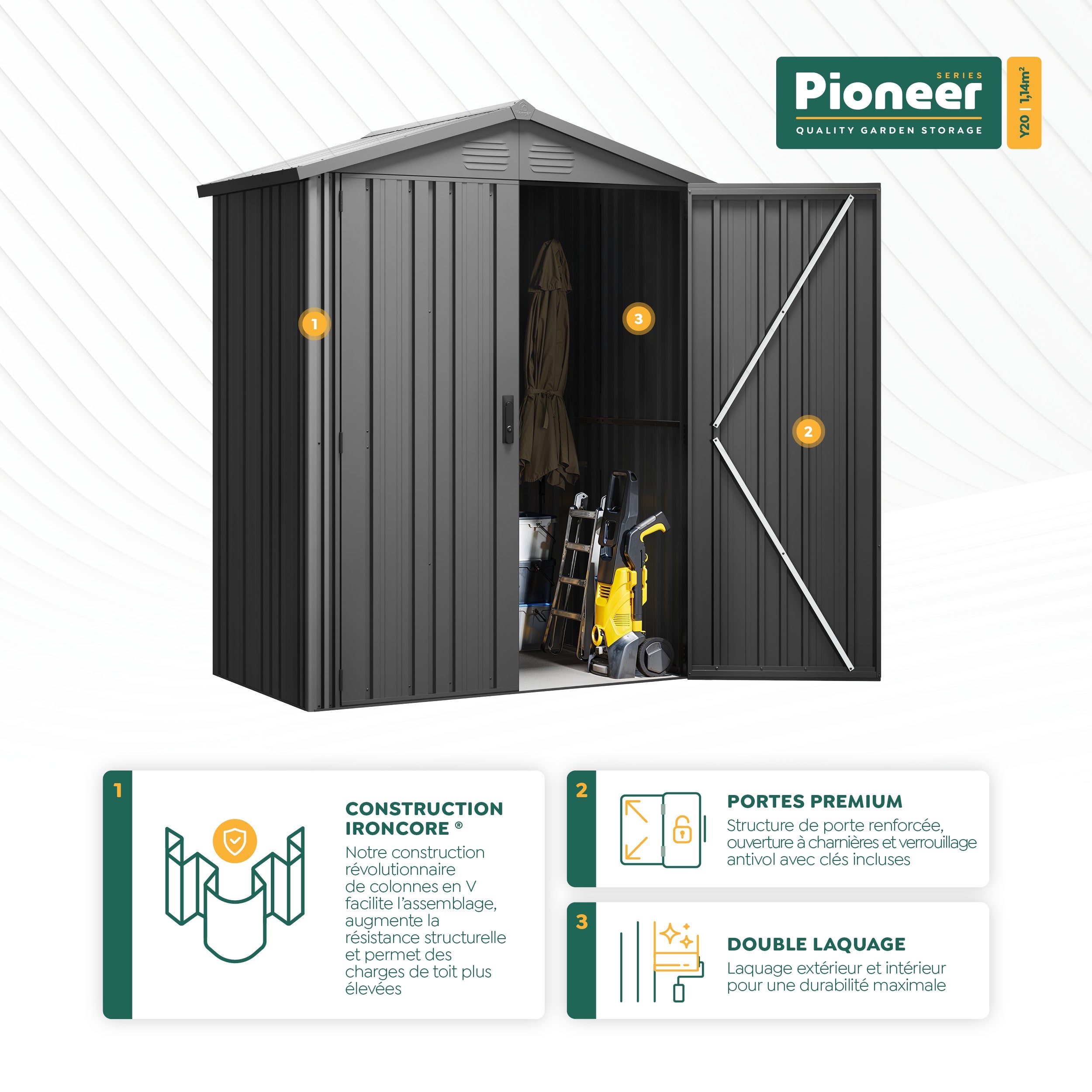 Abri de jardin métal Pioneer Y20 - Structure autoportante - Portes renforcées - Serrure avec clé incluse - Piliers en V - Cabane extérieur 1,14m2 - 3