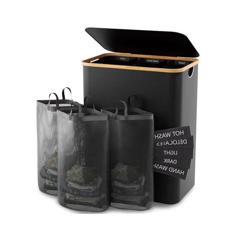 Auledio cesto de ropa, cesta para dormitorio con tapa interior, cesta de almacenamiento de ropa plegable, con etiqueta de clasificación (negro)
