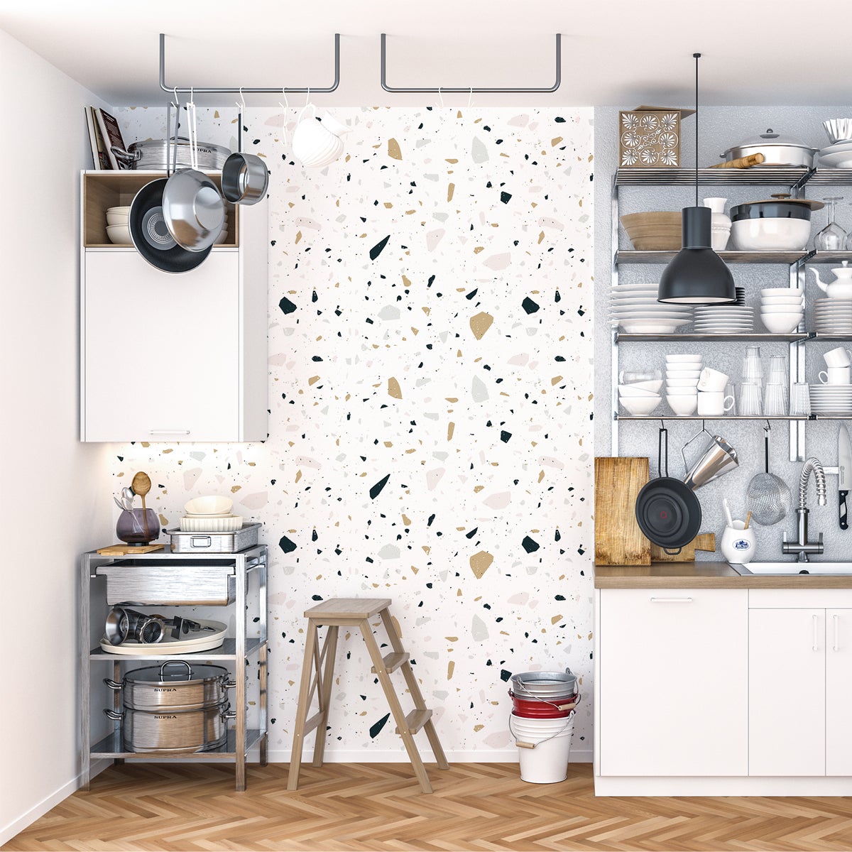 Papel pintado vinílico lavable Terrazo A 65x300 cm, cola en pared, apto para salón, cocina y baño. - 2
