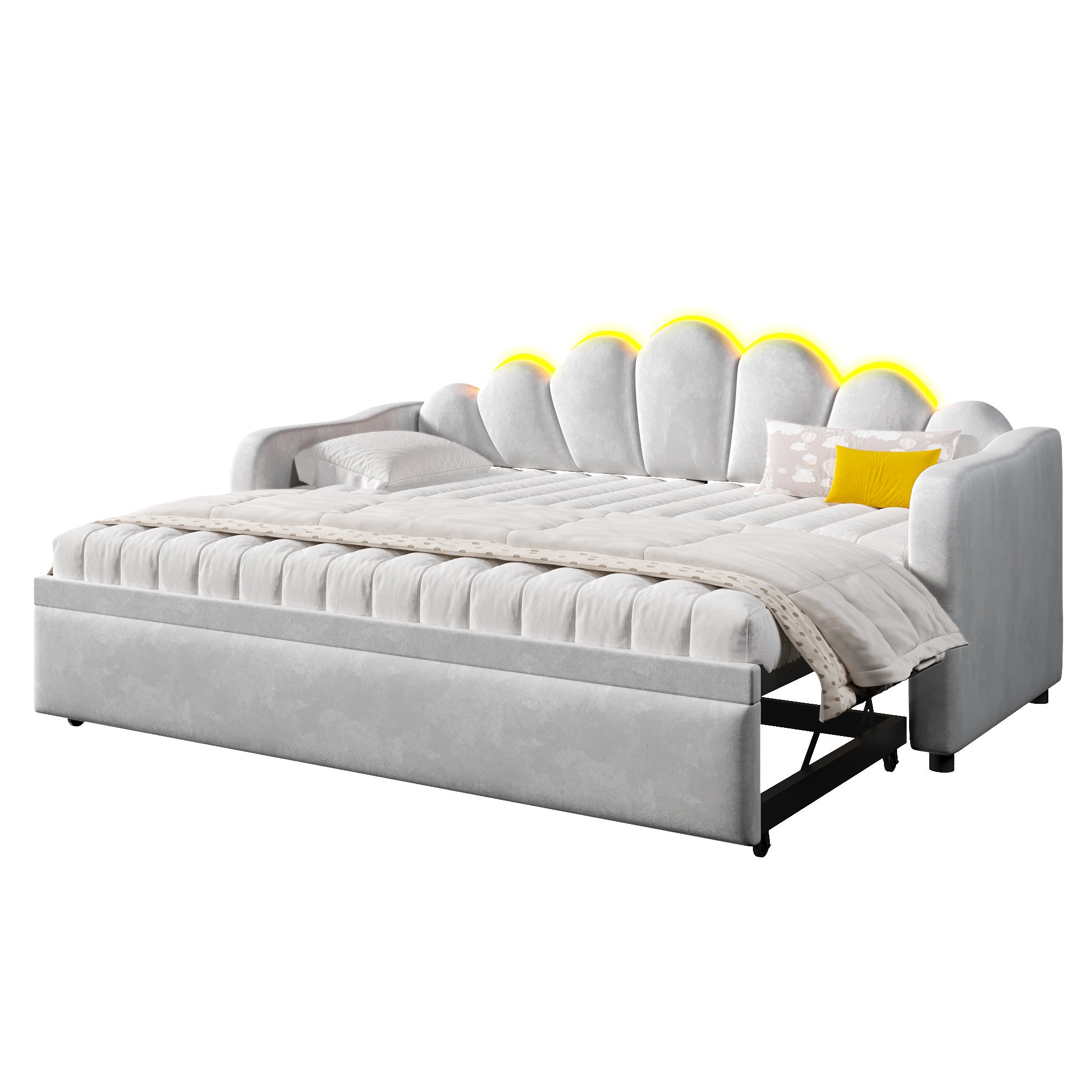 Łóżko wysuwane 90 x 200 cm z zagłówkiem i oświetleniem LED - MDF, sklejka i aksamit - 10 listew - Szare (Materac nie jest wliczony w cenę) - 6