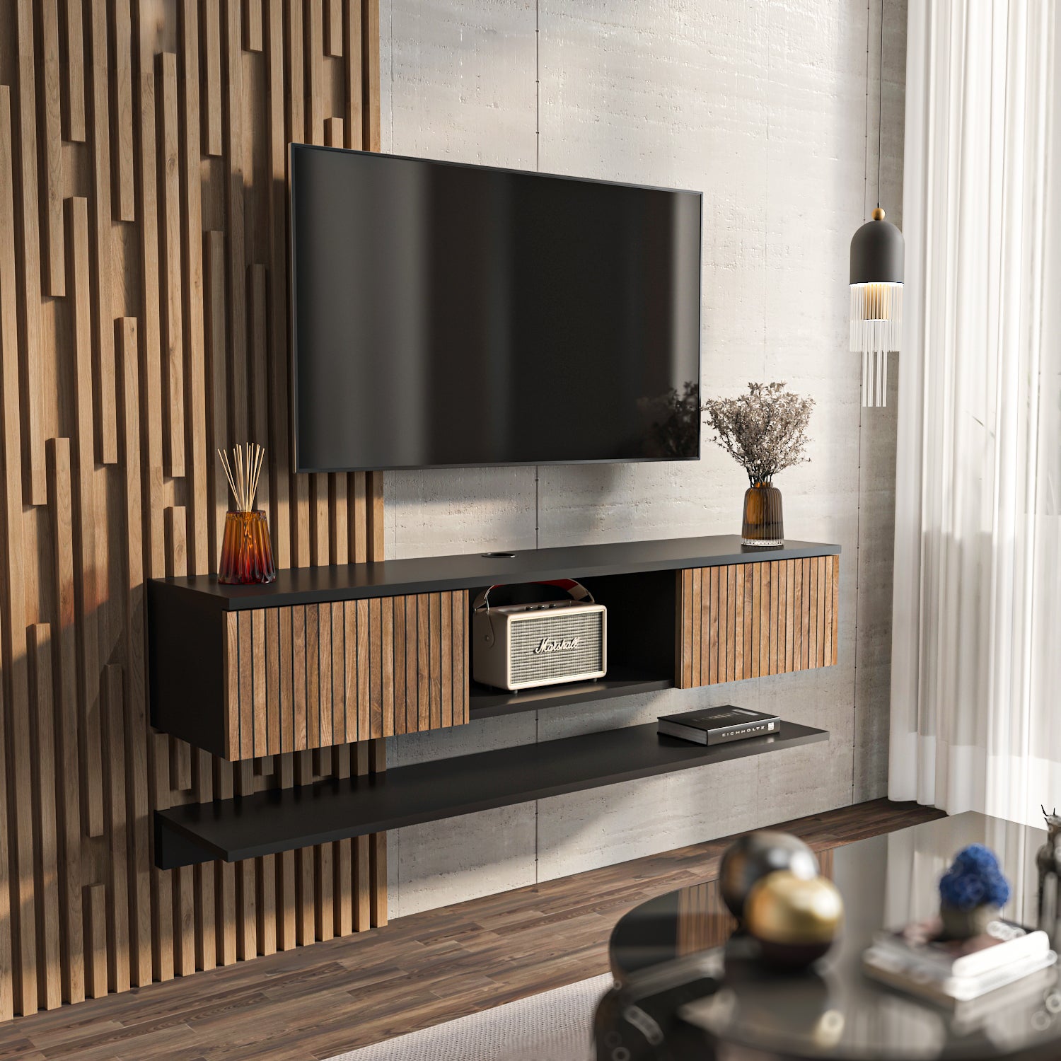 Meuble tv mural Elia flotant 140 cm - armoires - passe-cable - étagère murale incluse (noir et effet alina) - 3
