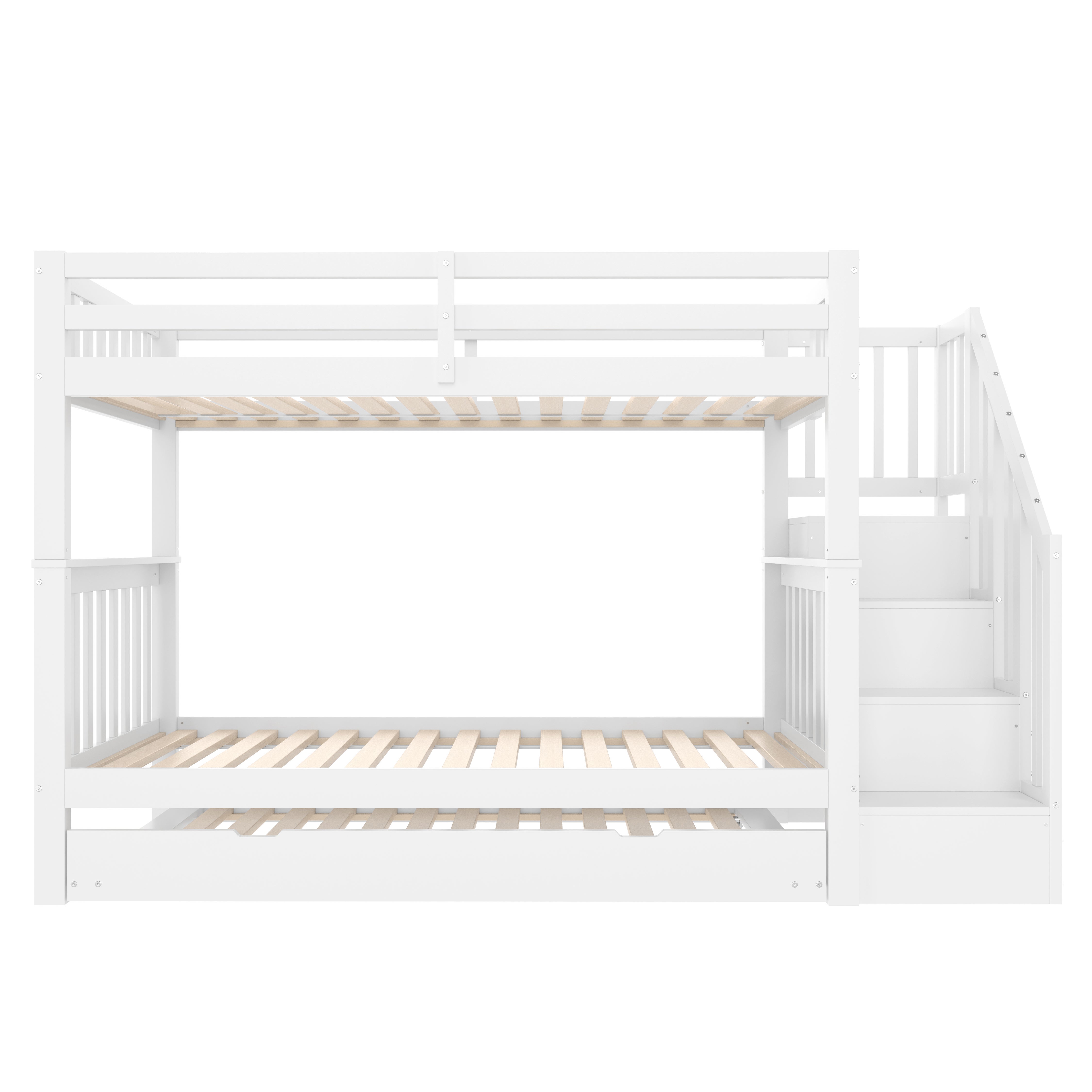 Lit superposé 90 x 200 cm avec étagère en escalier, équipé d'un lit à roulettes rétractables, barrières de sécurité hautes, blanc - 5