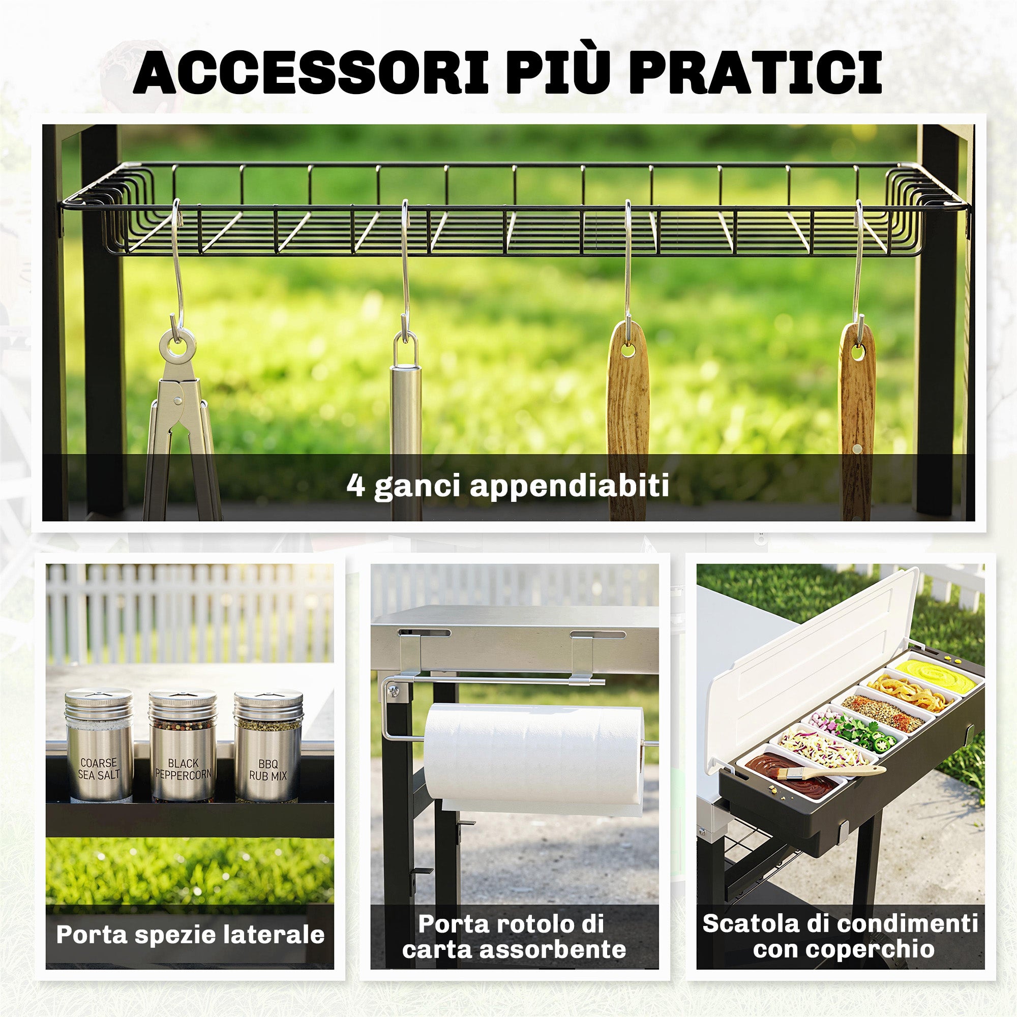 Outsunny Carrello Barbecue da Esterno con Piano in Acciaio Inossidabile, Porta Spezie, Ganci e Maniglia Laterale, Nero - 6