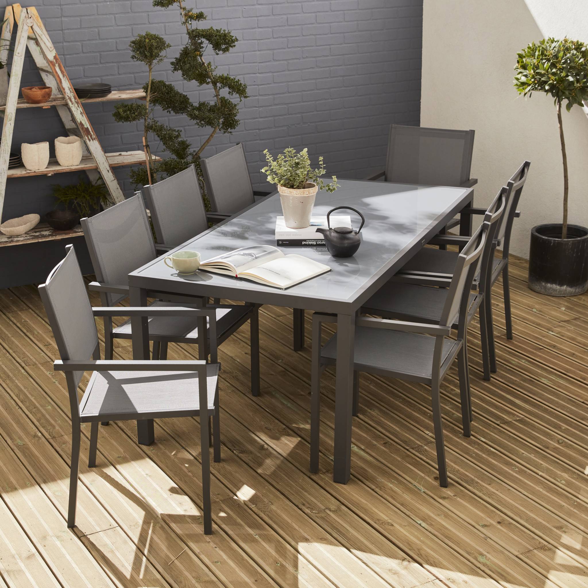 Table de jardin aluminium + 8 assises - Capua 180cm - Anthracite. gris - 8 places - 1 grande table rectangulaire. 8 - 2