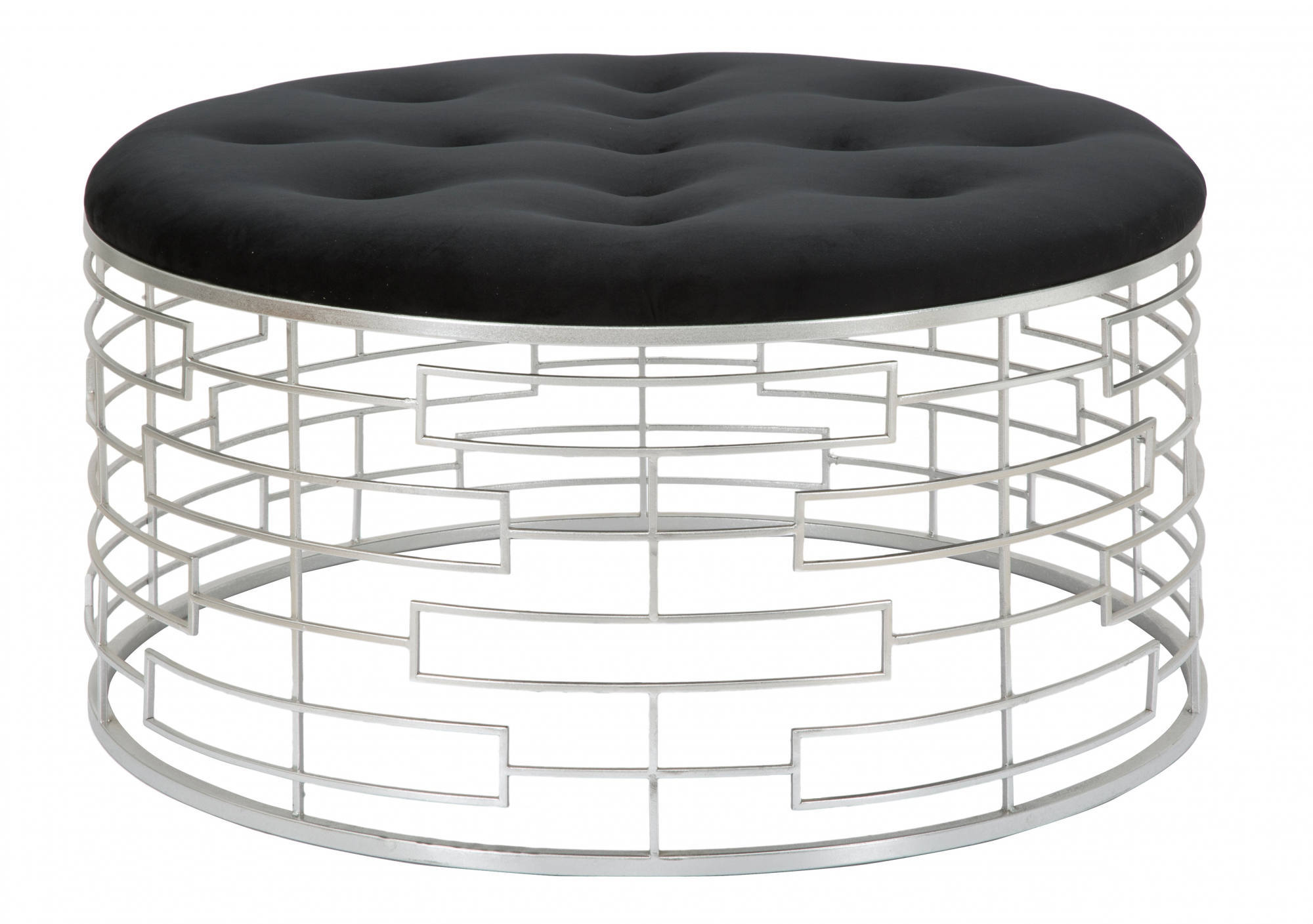 Puf redondo, estructura de metal, tapizado de terciopelo, color plata, medidas 91,5 x 47 x 91,5 cm