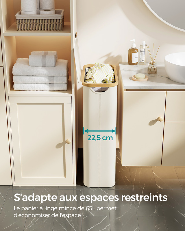 Panier à Linge Mince avec Couvercle, 65L, Doublure en Maille Amovible, Tissu Oxford, Pliable, 42 x 22,5 x 70,5 cm, Blanc Crème - 3