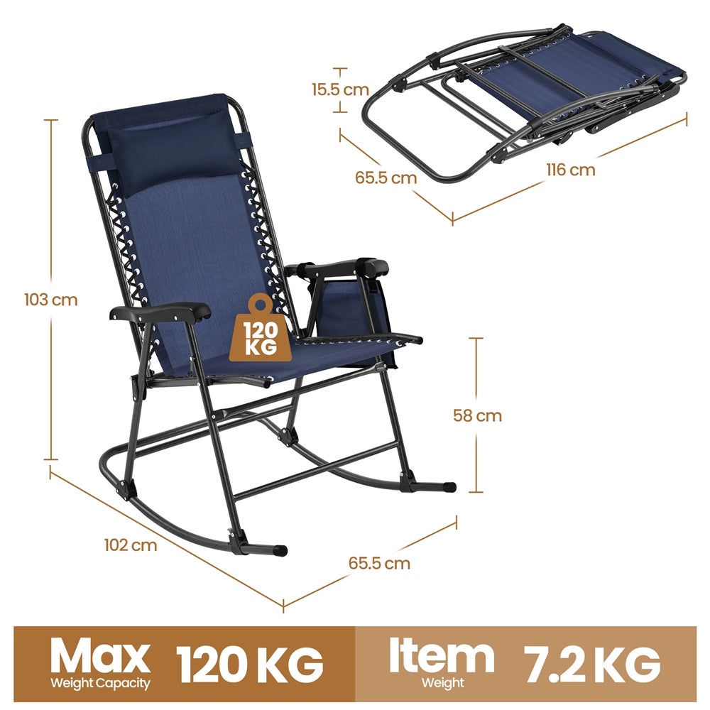 Fauteuil à Bascule Pliant en Toile et Métal avec Têtière Réglable, Poche de Rangement, Bleu Marine Yaheetech - 4