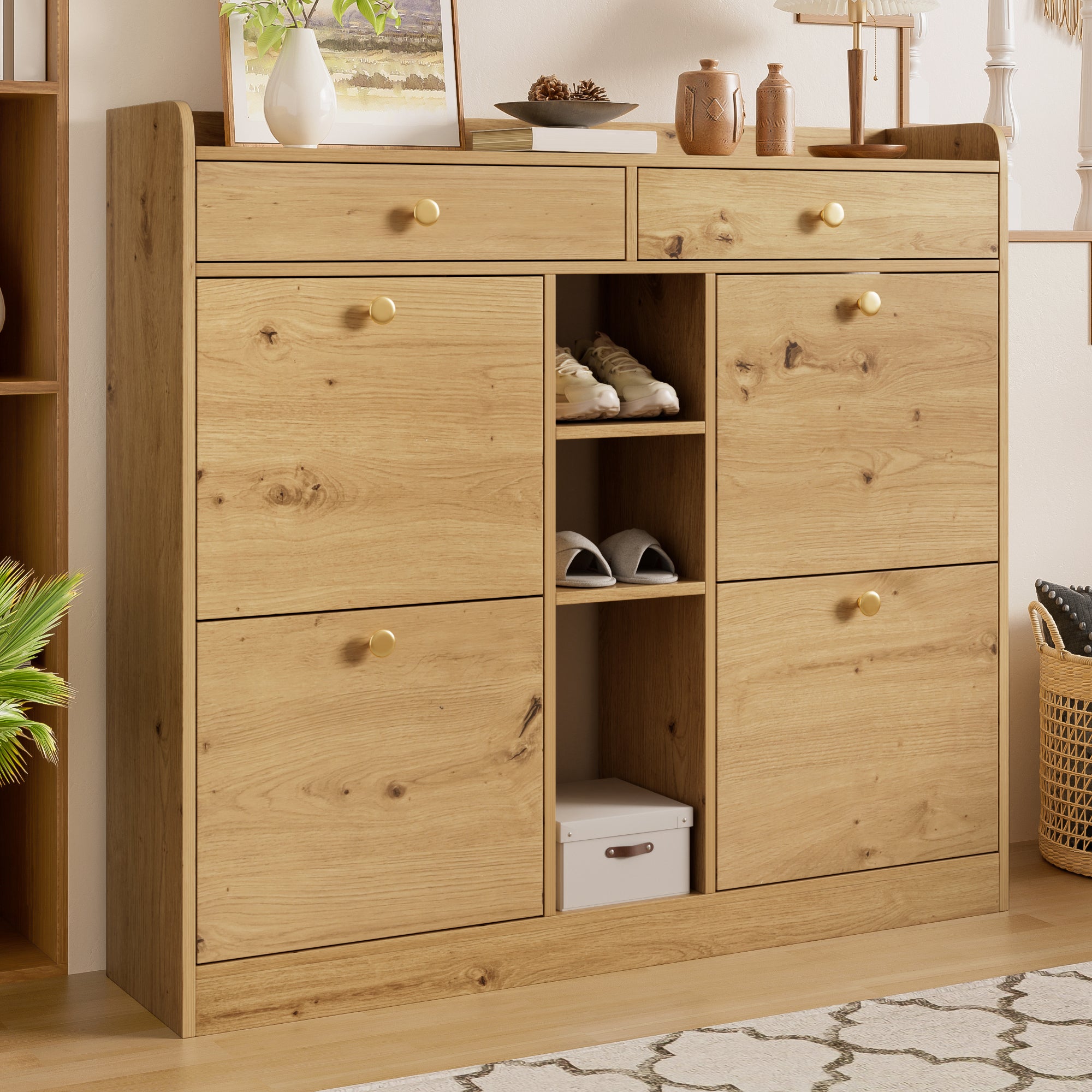 Szafka na buty z 4 drzwiami opuszczanymi, 2 szufladami i 3 otwartymi przegrodami - 110 x 26 x 100 cm - Płyta wiórowa - Naturalna