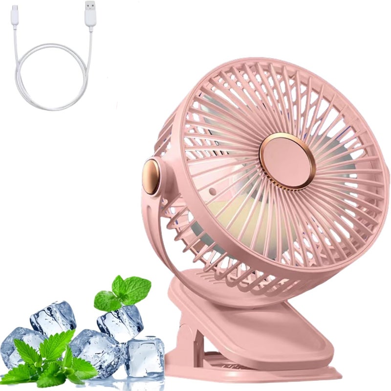 Przenośny wentylator kempingowy z klipsem, 5 prędkości, port USB, lampka nocna, różowy, 1200 Ah