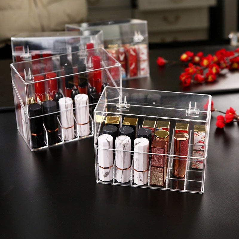 Organisateur de rouge à lèvres transparent en acrylique à 18 compartiments avec couvercle, organisateur de bureau anti-poussière. - 3