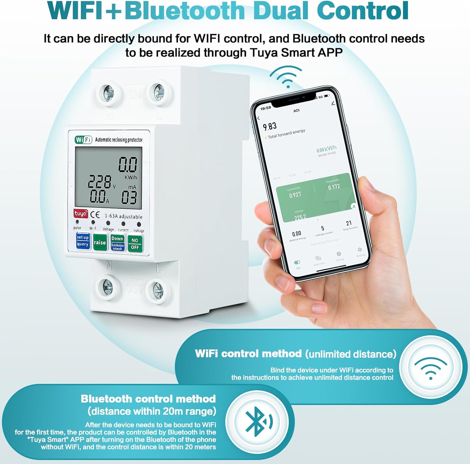 Compteur numérique intelligent WiFi, compatible avec la commande à distance via application mobile, 220 V 63 A - 6