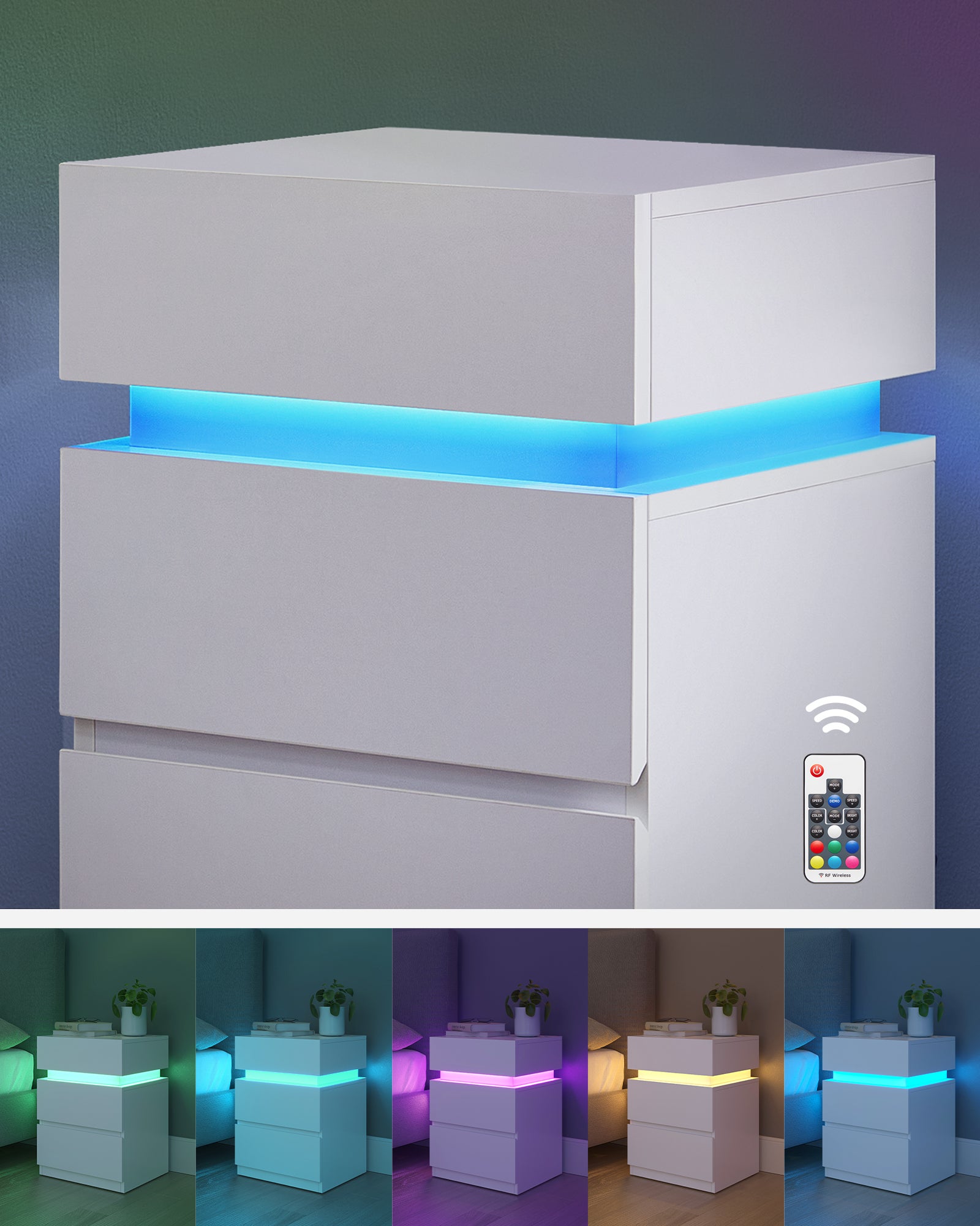 Juego de 2 Mesitas de Noche con Luz LED Multicolor, 3 Cajones, Estilo Moderno, 35 x 40 x 55 cm, Blanco - 4