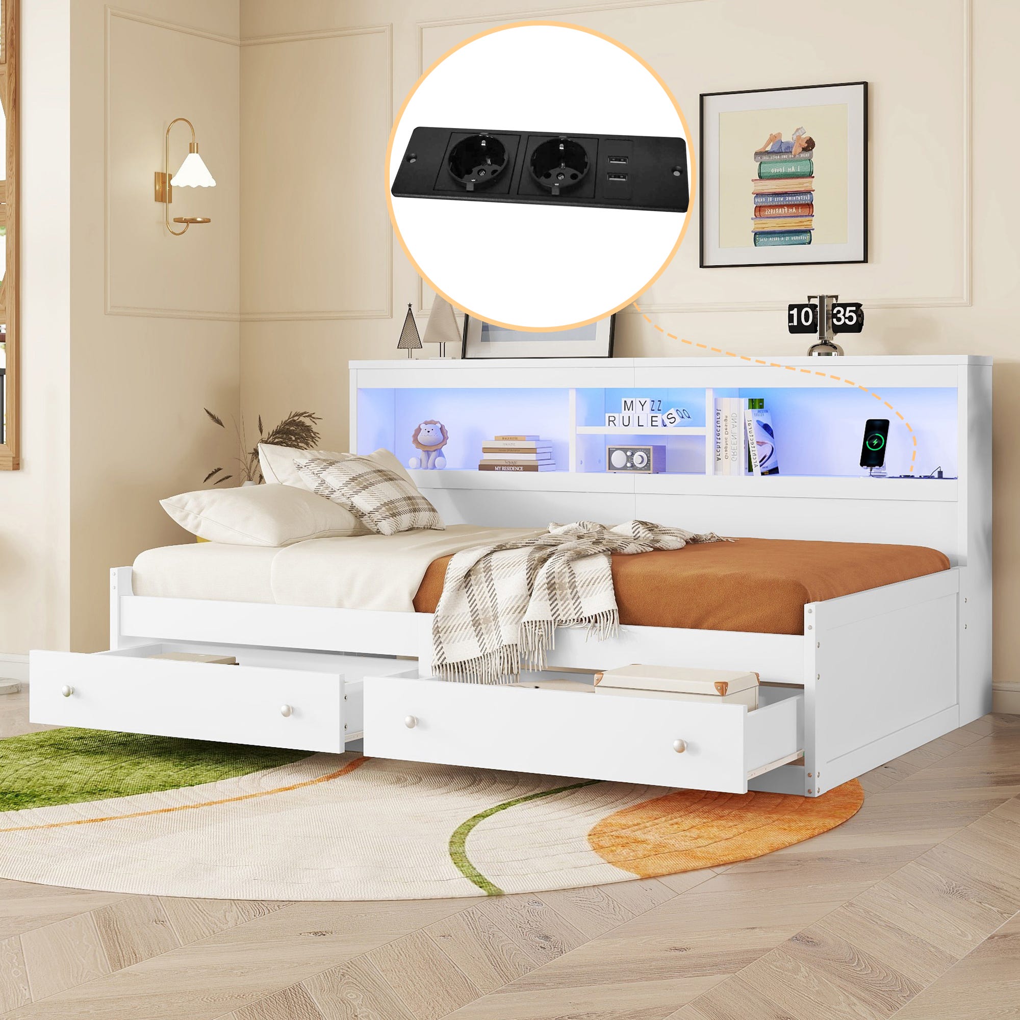 Cama de 90 x 200 cm con 2 cajones, estantes de almacenamiento y 2 tomas ...