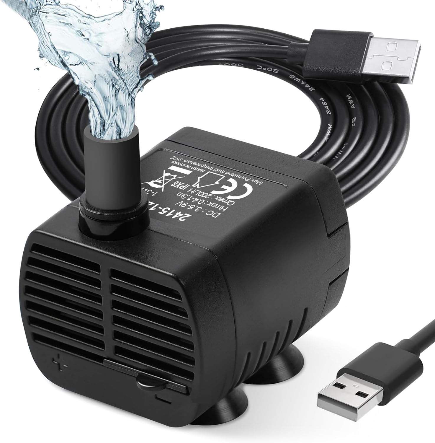 Pompa akwariowa USB 200 l/h 3 W, ultracicha, do stawu, fontanny, akwarium, przewód zasilający 1,5 m, czarny