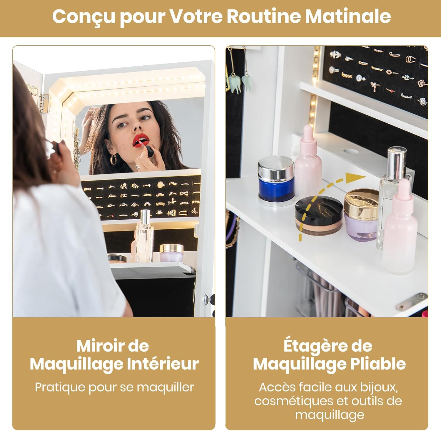 Armoire à Bijoux sur Pied-Miroir Pleine Longueur-Lumières LED 3 Couleurs-Verrouillable-Étagère de Maquillage Pliable Blanc - 7