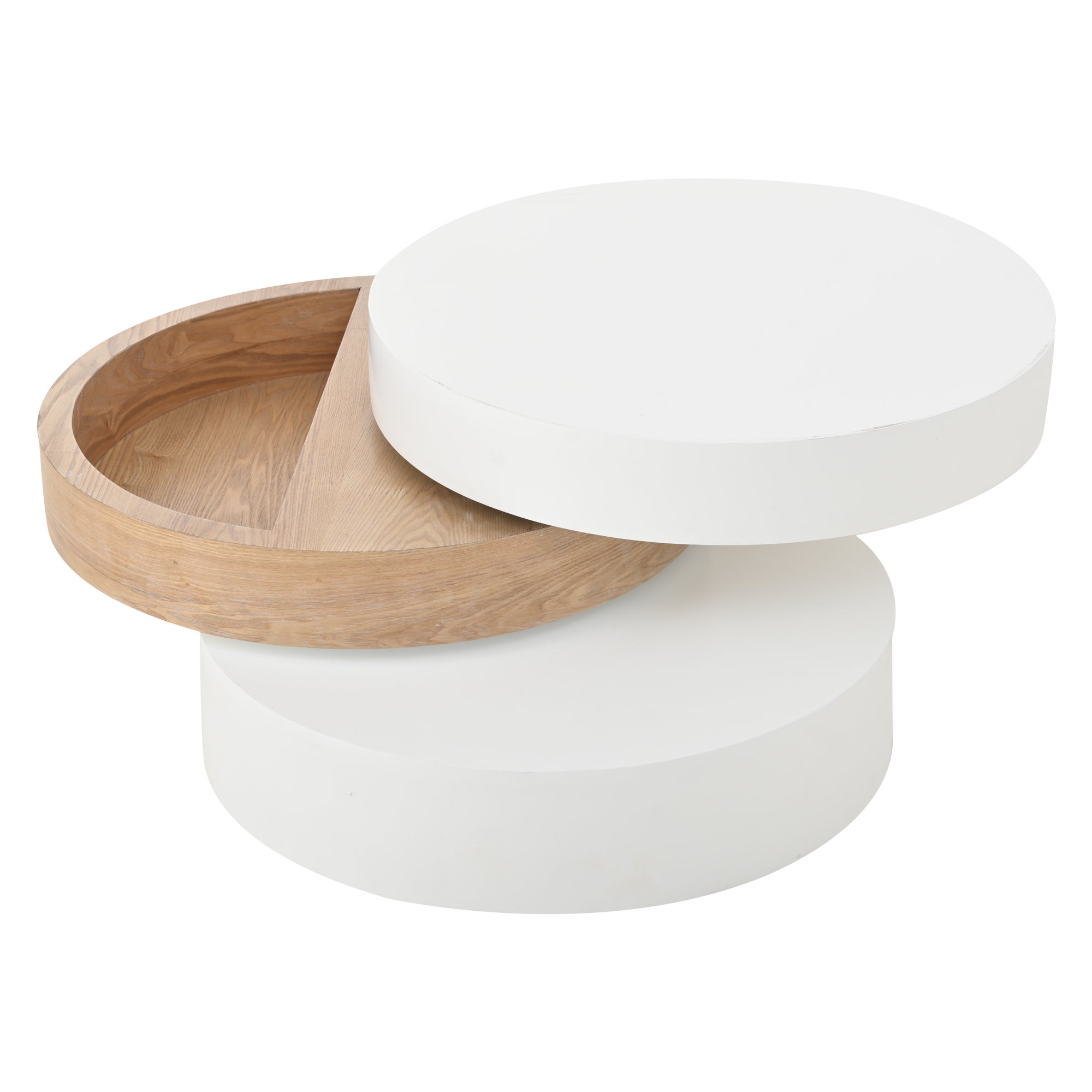 Table basse ronde pivotante 60 x 60 x 35,1 cm avec plateau rotatif 360°, rangement intégré, 3 niveaux, blanc et bois naturel - 7
