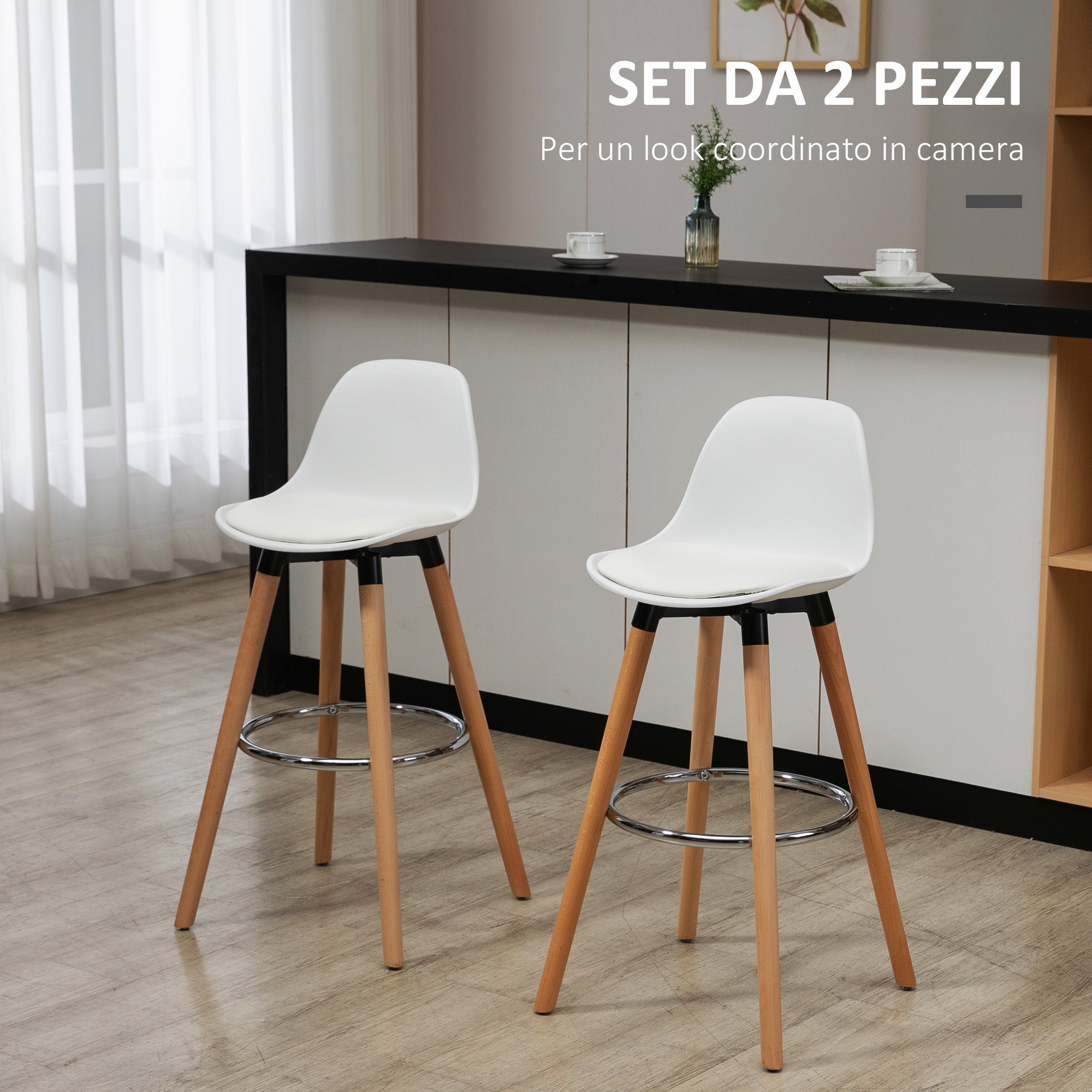 HOMCOM Set 2 Sgabelli da Bar Stile Nordico con Schienale, Cuscino e Poggiapiedi, Legno e Plastica, Bianco - 4