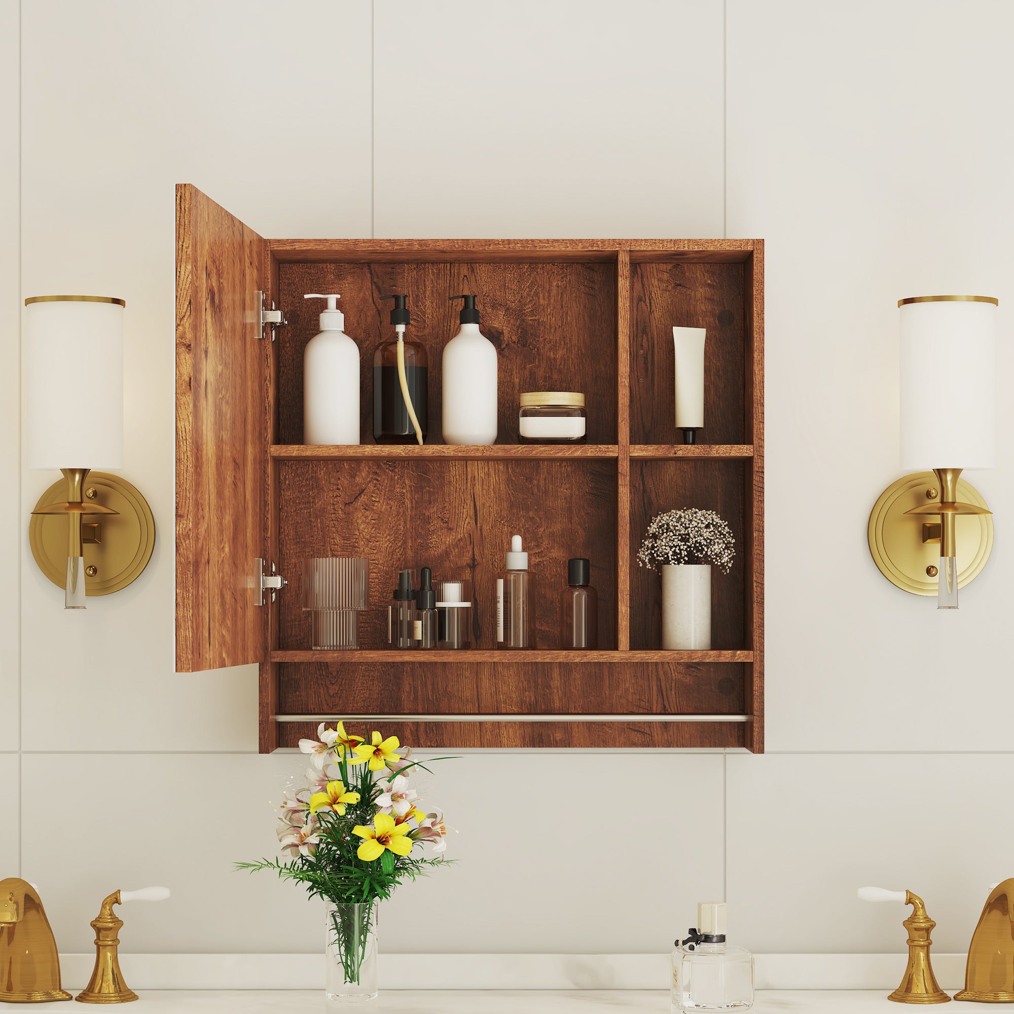 Armoire de salle de bain murale, miroir intégré, étagères ouvertes, MDF, noyer - 3