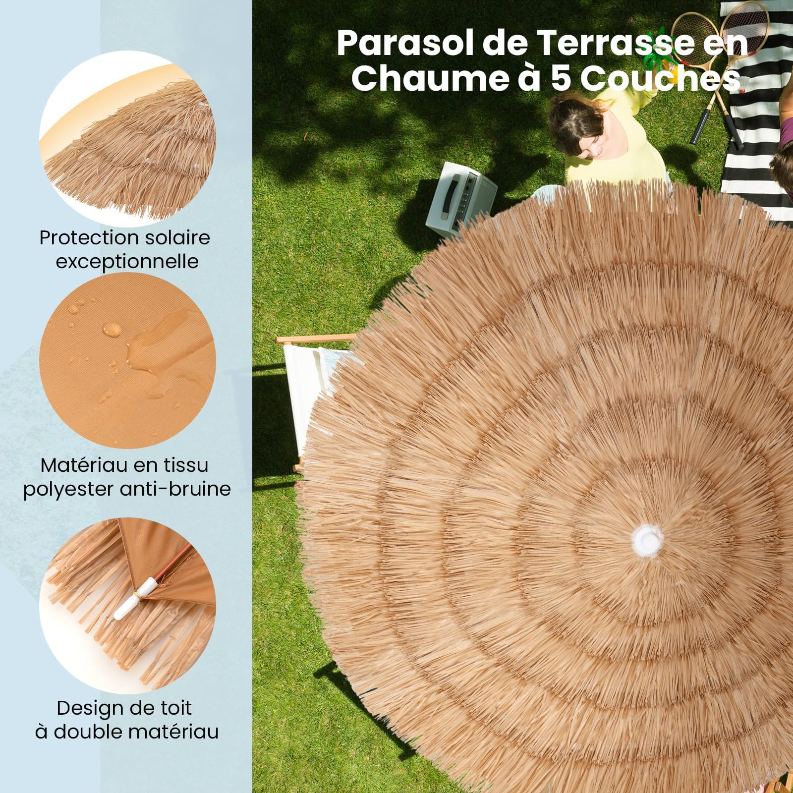 Guarda-sol de Jardin Ø175CM em Paille PE, Guarda-sol de Plage em Chaume Estilo Havaiano Inclinável 40° 8 Baleines Hauteur Réglable, Sac de Transport - 7