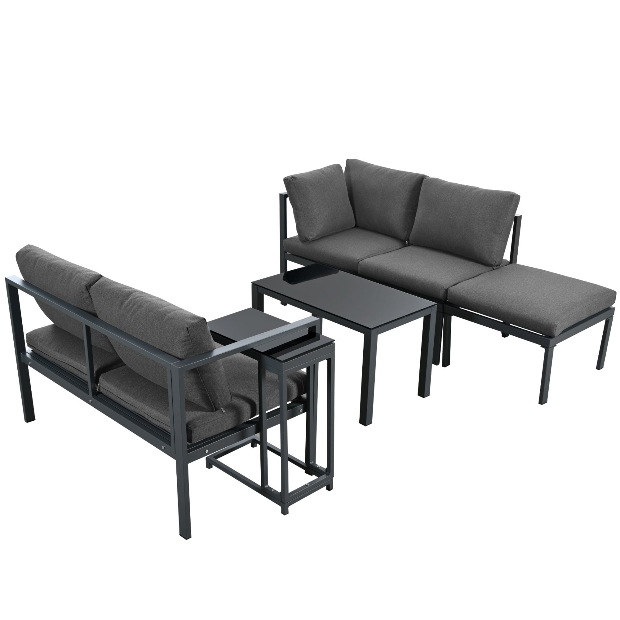 Salón de jardín en aluminio - 2 sofás, 1 taburete y 2 mesas bajas - con todos los cojines - Gris - 5