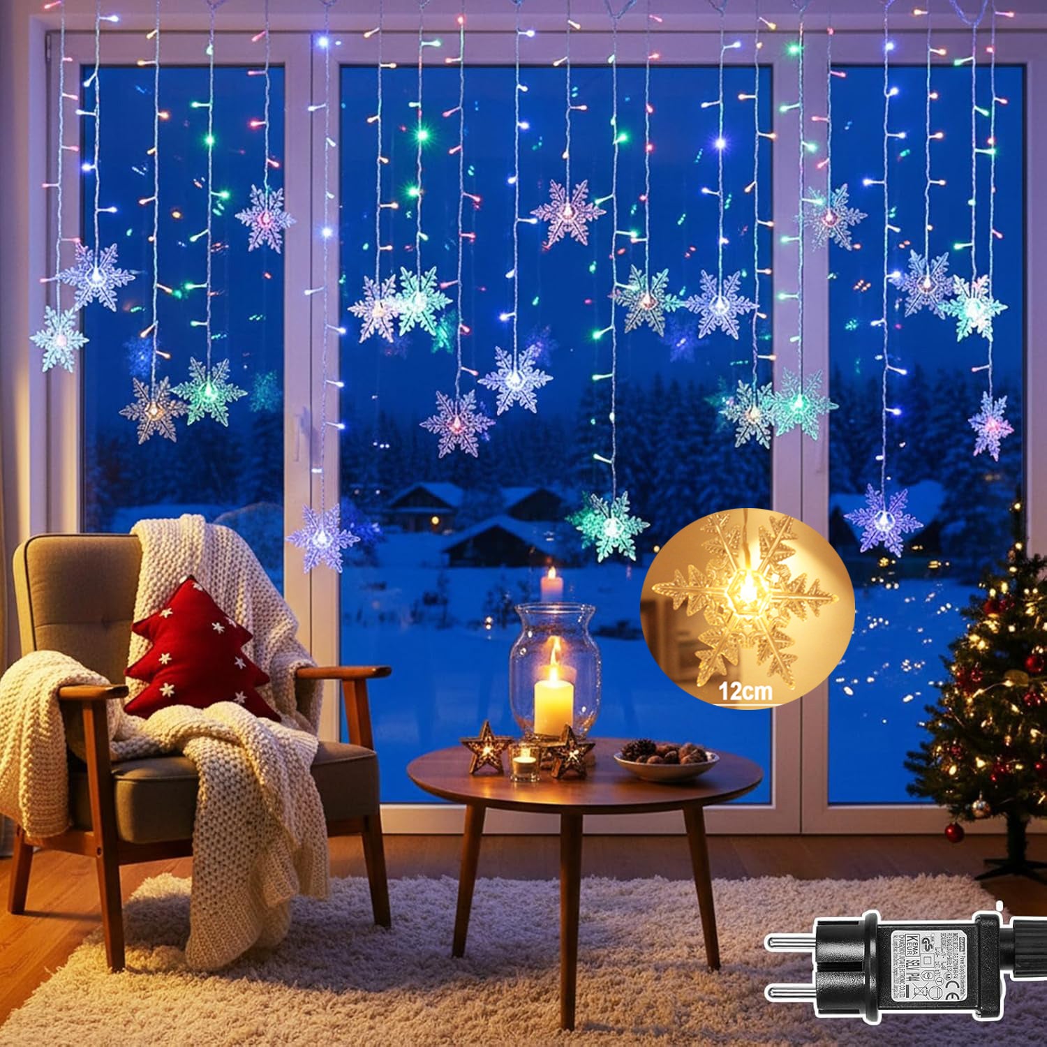 2 SZTUKI Kurtyna świetlna z płatkami śniegu, 1,8 m, 94 diody LED, łańcuch świetlny z timerem, 8 trybów świecenia i funkcją pamięci –Różnokolorowy