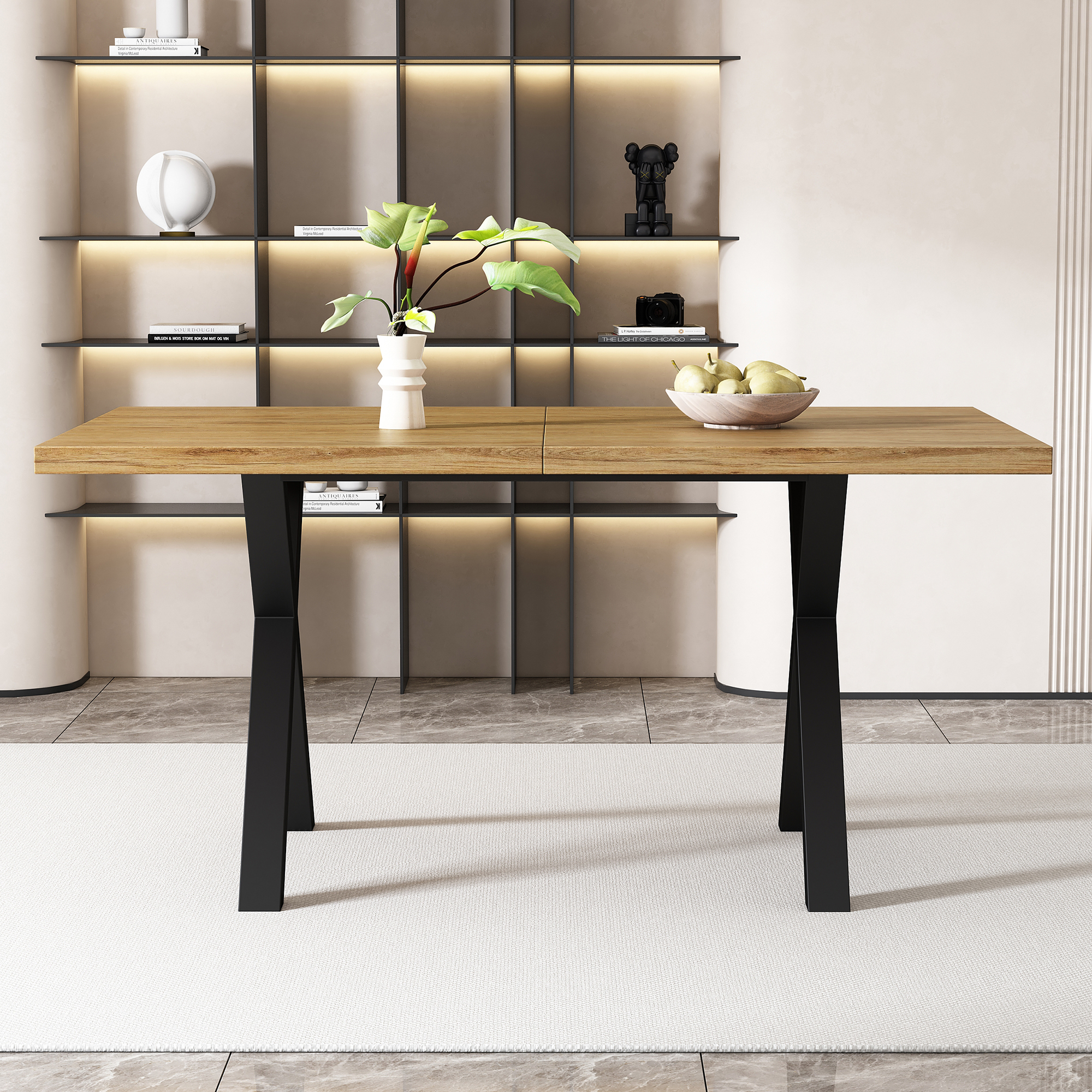 Tavolo da pranzo per 6 coperti, legno MDF + metallo, nero e rovere, 140 x 80 x 76 cm - 3