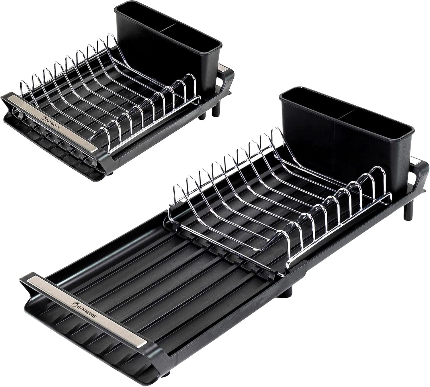 Rozszerzalna suszarka kuchenna na naczynia, ociekacz do zlewu z wylewką, uchwyt na sztućce, składana plastikowa ociekacz, 28 x 20 cm, kolor czarny.