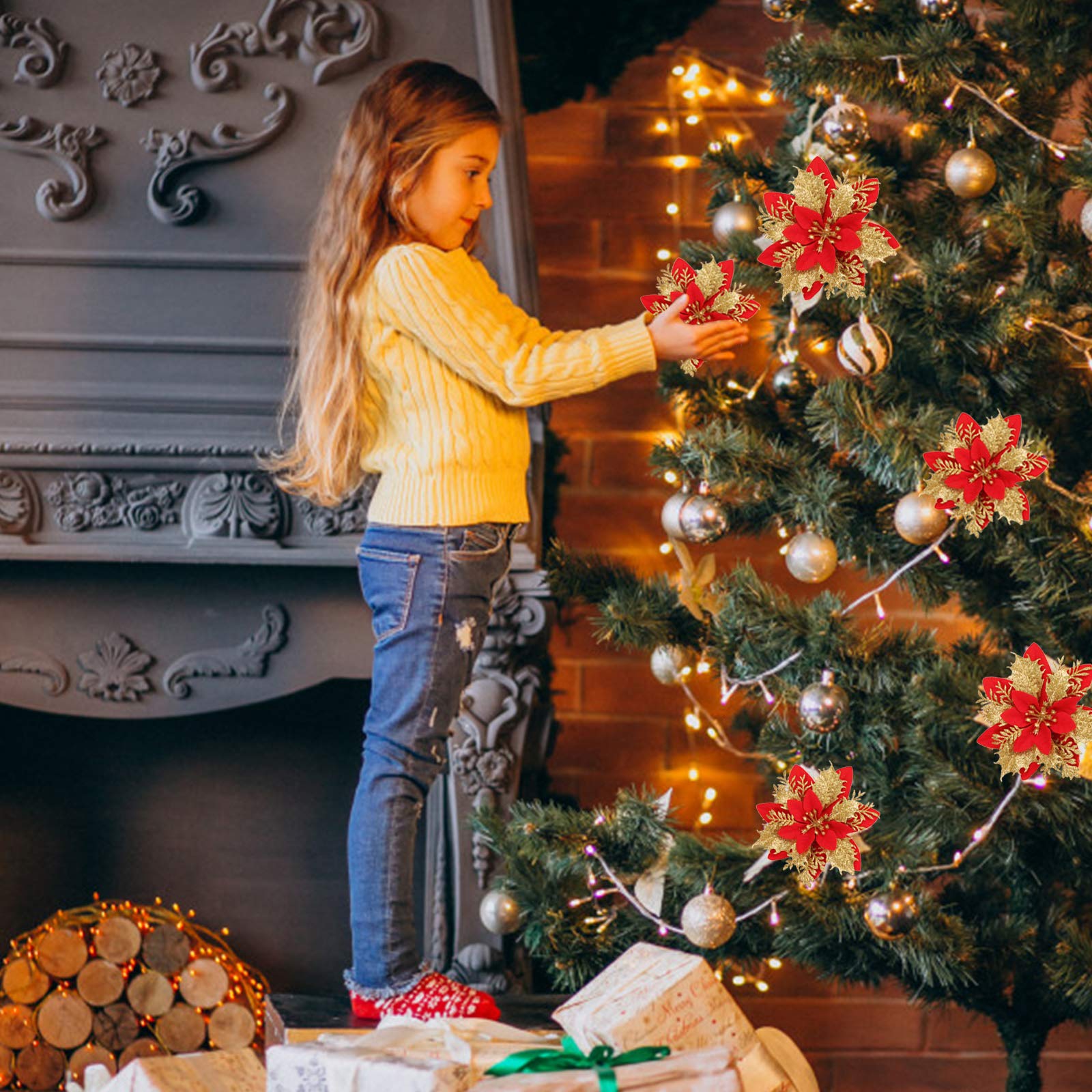 20 pièces décorations de noël, fleurs de noël artificielles avec clips, guirlande d'arbre de noël scintillante pendentifs de fleurs artificielles - 5