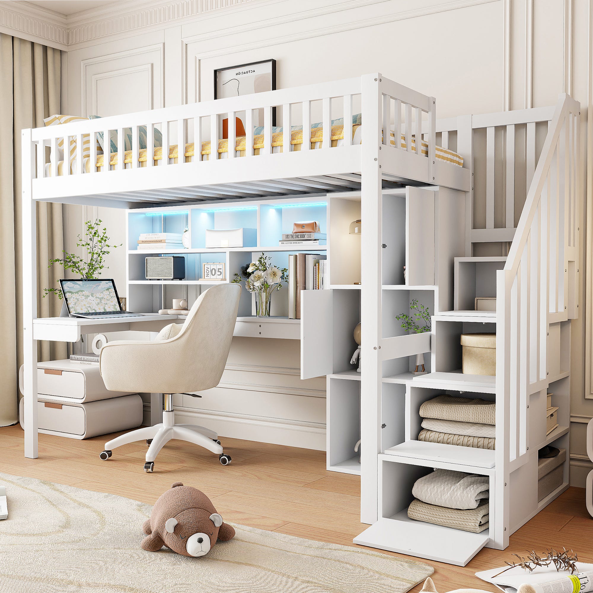 Image Rangement Tele Lit mezzanine blanc 90 x 200 cm avec bureau intégré, éclairage LED ...
