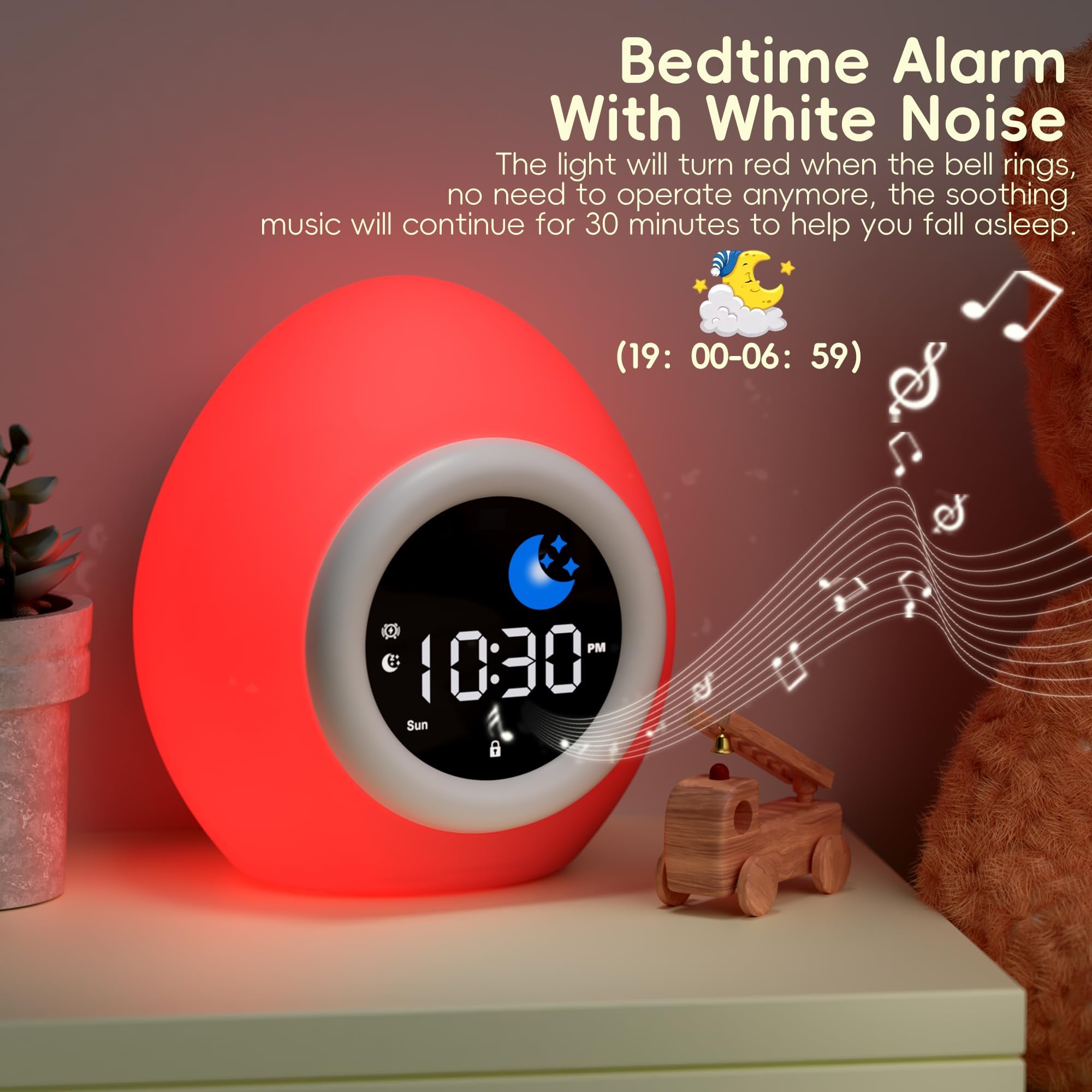 Réveil pour enfants, réveil rechargeable, réveil jour/nuit/fonction snooze/luminosité de l'écran réglable/7 couleurs/6 chansons/arrêt automatique - 6
