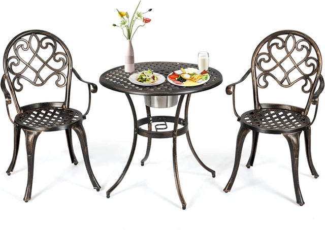 3-częściowy zestaw bistro z 2 krzesłami i stolikiem pomocniczym, okrągły stół ze zdejmowanym pojemnikiem na lód i 2 krzesłami z odlewu aluminium