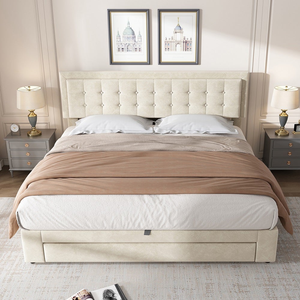 Lit avec tiroirs , lit rembourré, sommier à lattes, Lit coffre grand espace de rangement, lit double,180 x 200 cm tissu velours Beige - 5