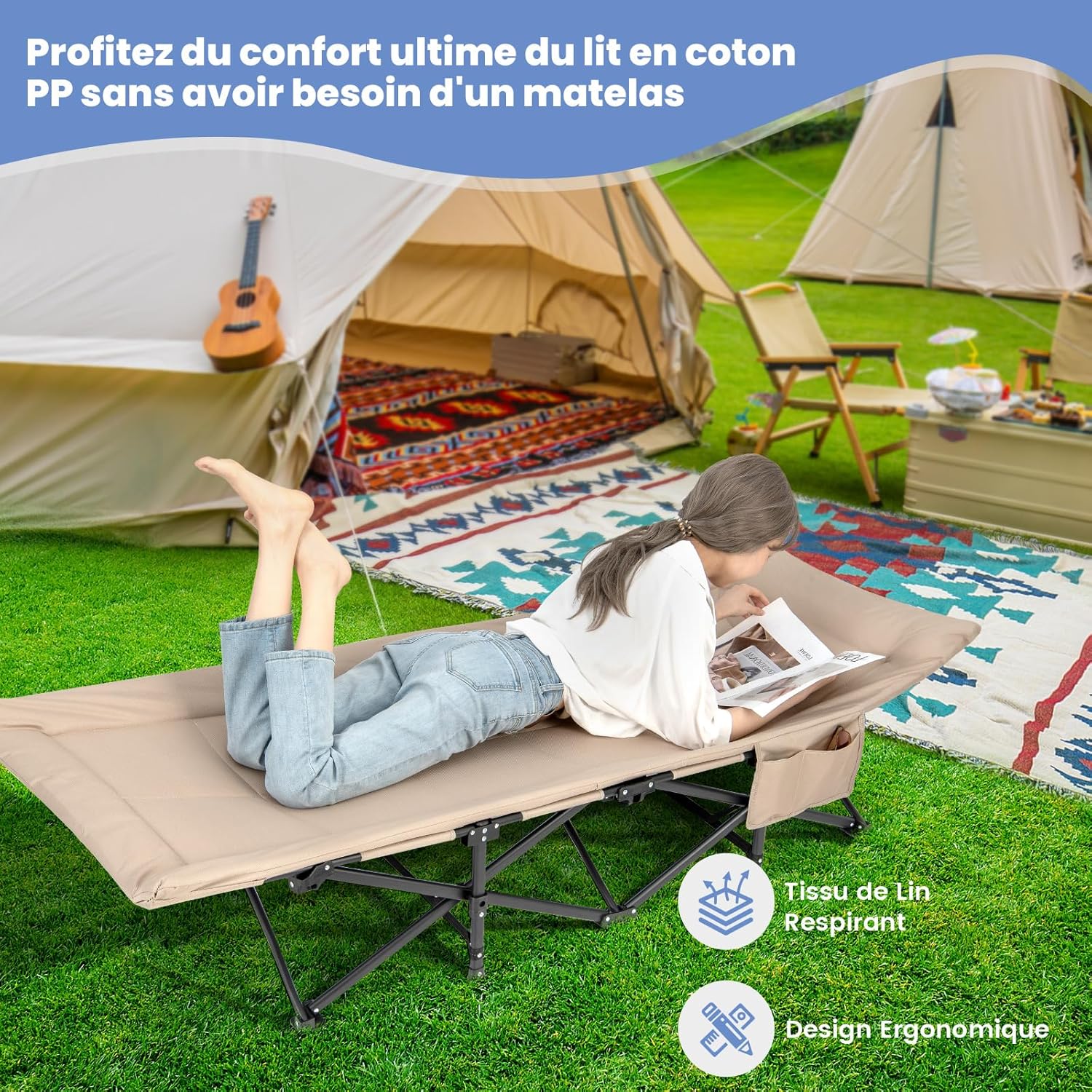 Brandina da Campeggio, Letto da Campeggio con Cuscino e Poggiatesta, Tappetino a Doppio Strato, Brandina da Campeggio Portatile per Ufficio, C - 6