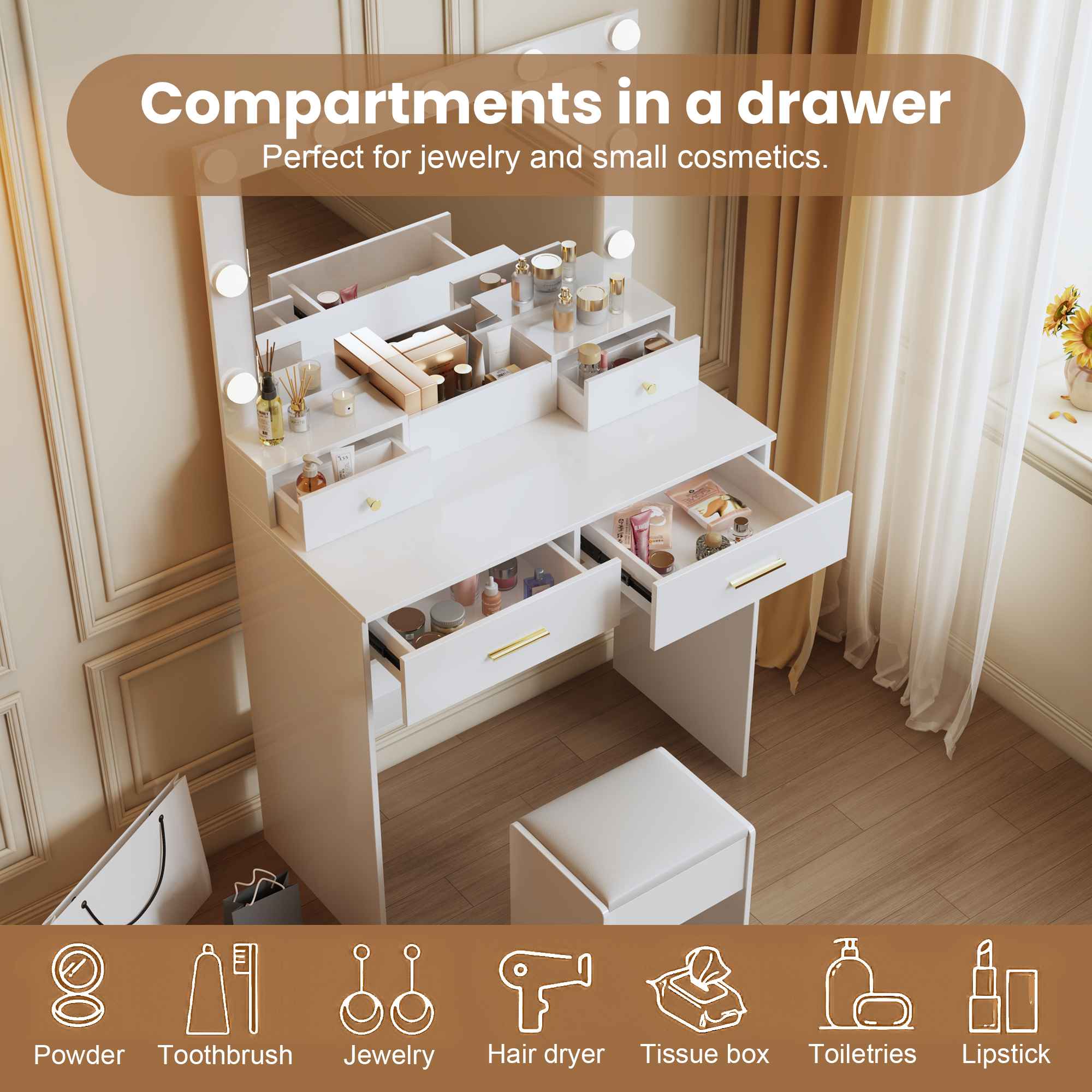 Coiffeuse avec miroir LED 9 lampes, 3 modes d'éclairage, rangement compartimenté, tabouret rembourré et poignées dorées – 137x80x39 cm - 4
