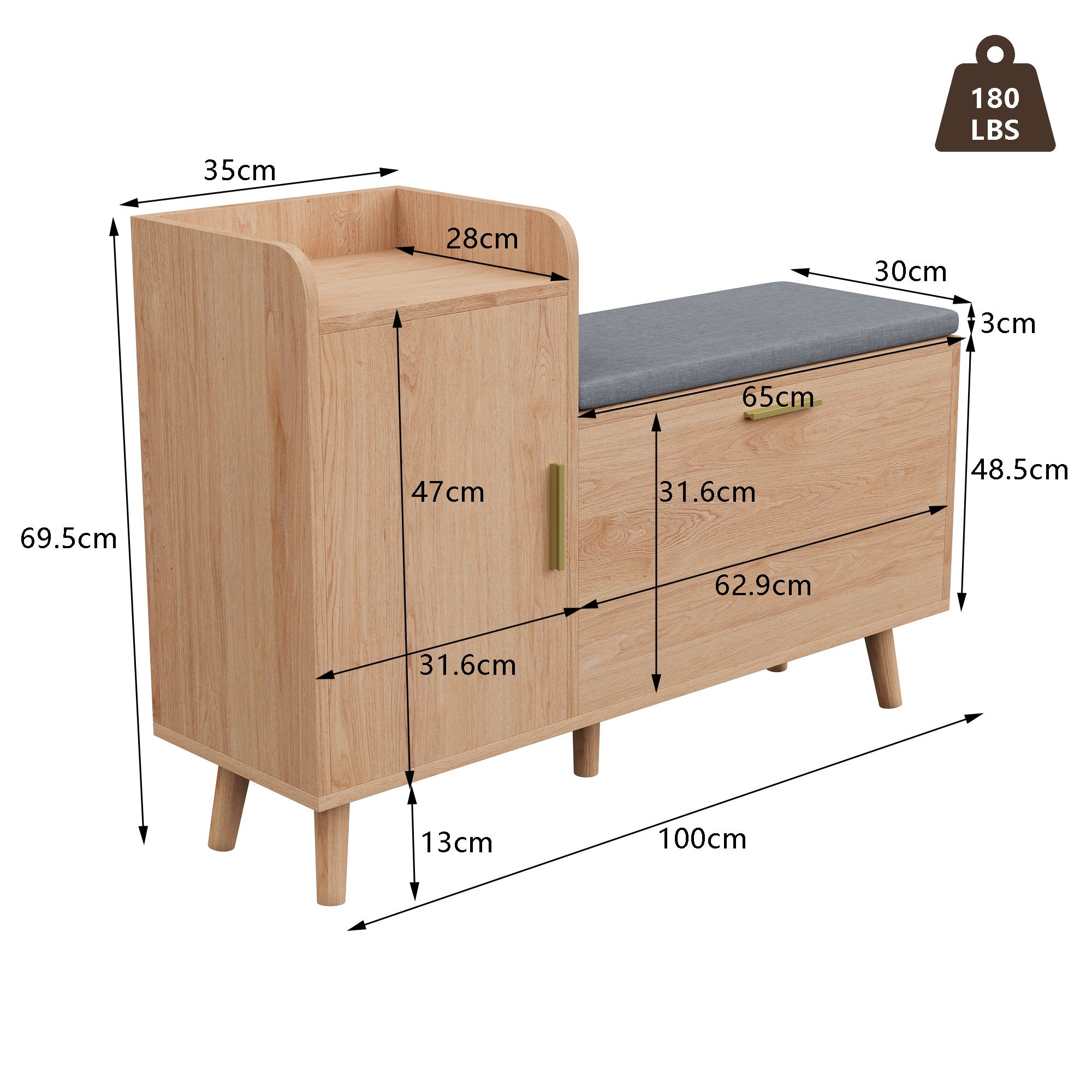 Meuble à chaussures multifonctionnelle,Rangement 2 étages réglables avec coussin amovible,Pieds en bois massif,Style scandinave,100x35x69,5,Naturel - 4
