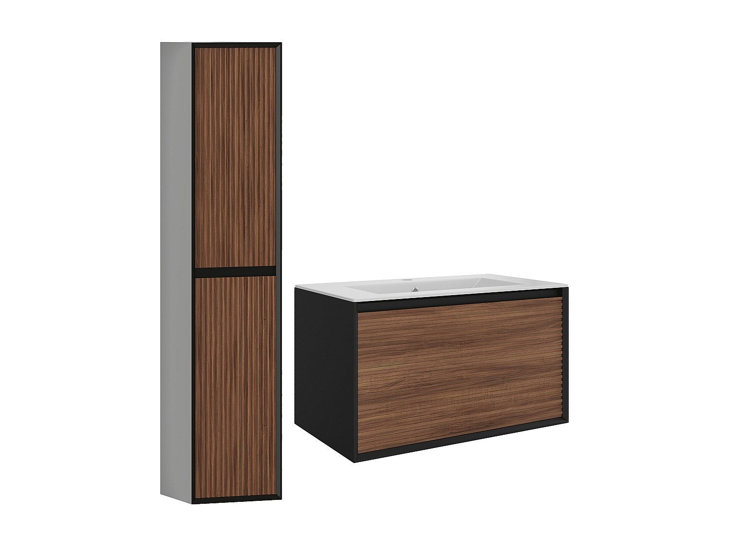 Szafka łazienkowa wisząca ryflowana z umywalką wpuszczaną w blat i słupkiem - Naturalny ciemny i czarny - 80 cm - BANIVA