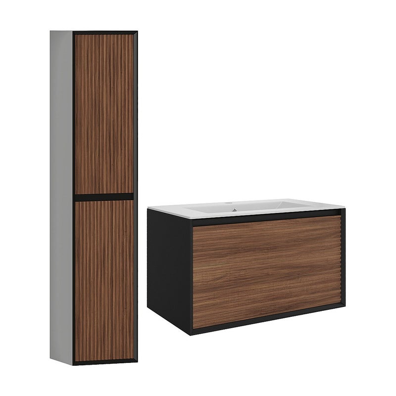 Szafka łazienkowa wisząca ryflowana z umywalką wpuszczaną w blat i słupkiem - Naturalny ciemny i czarny - 80 cm - BANIVA
