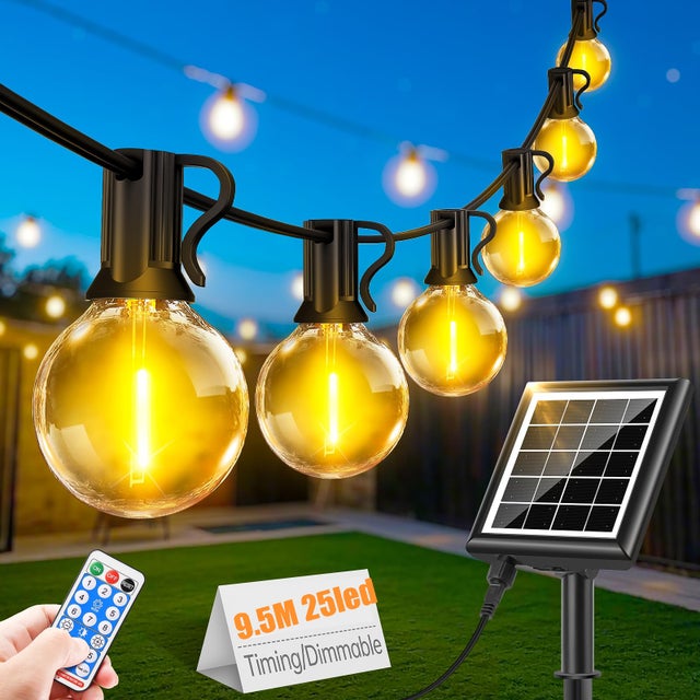 Guirnalda de luces LED para exteriores de 9,5m,con energía solar G40, 8 modos,IP65 resistente al agua, luz blanca cálida, para jardín, patio y cenador