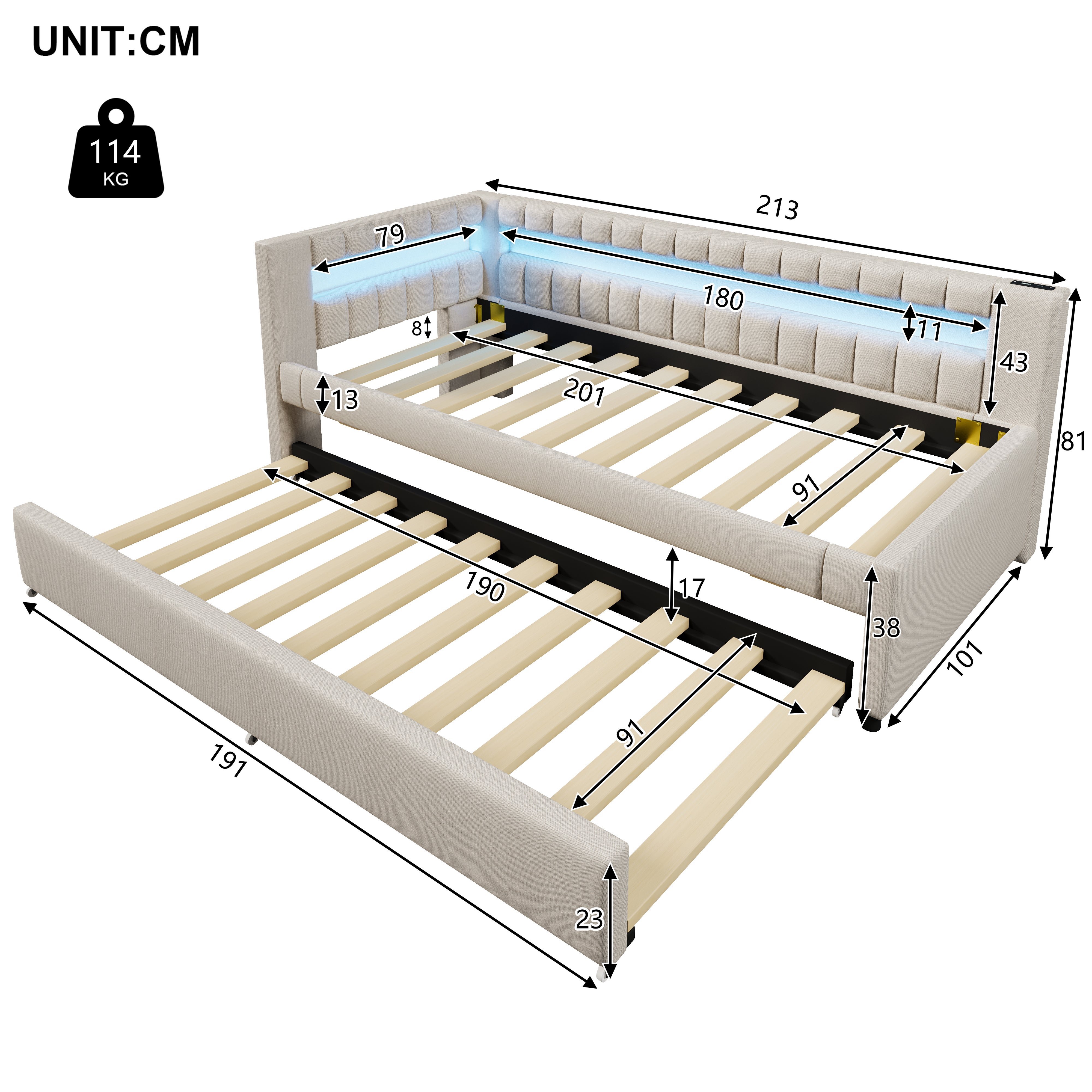 Łóżko wysuwane 90 x 200 cm + 90 x 190 cm z zagłówkiem - Ładowanie USB i typu C oraz diody LED - Tkanina lniana - Beżowy (bez materaca) - 9